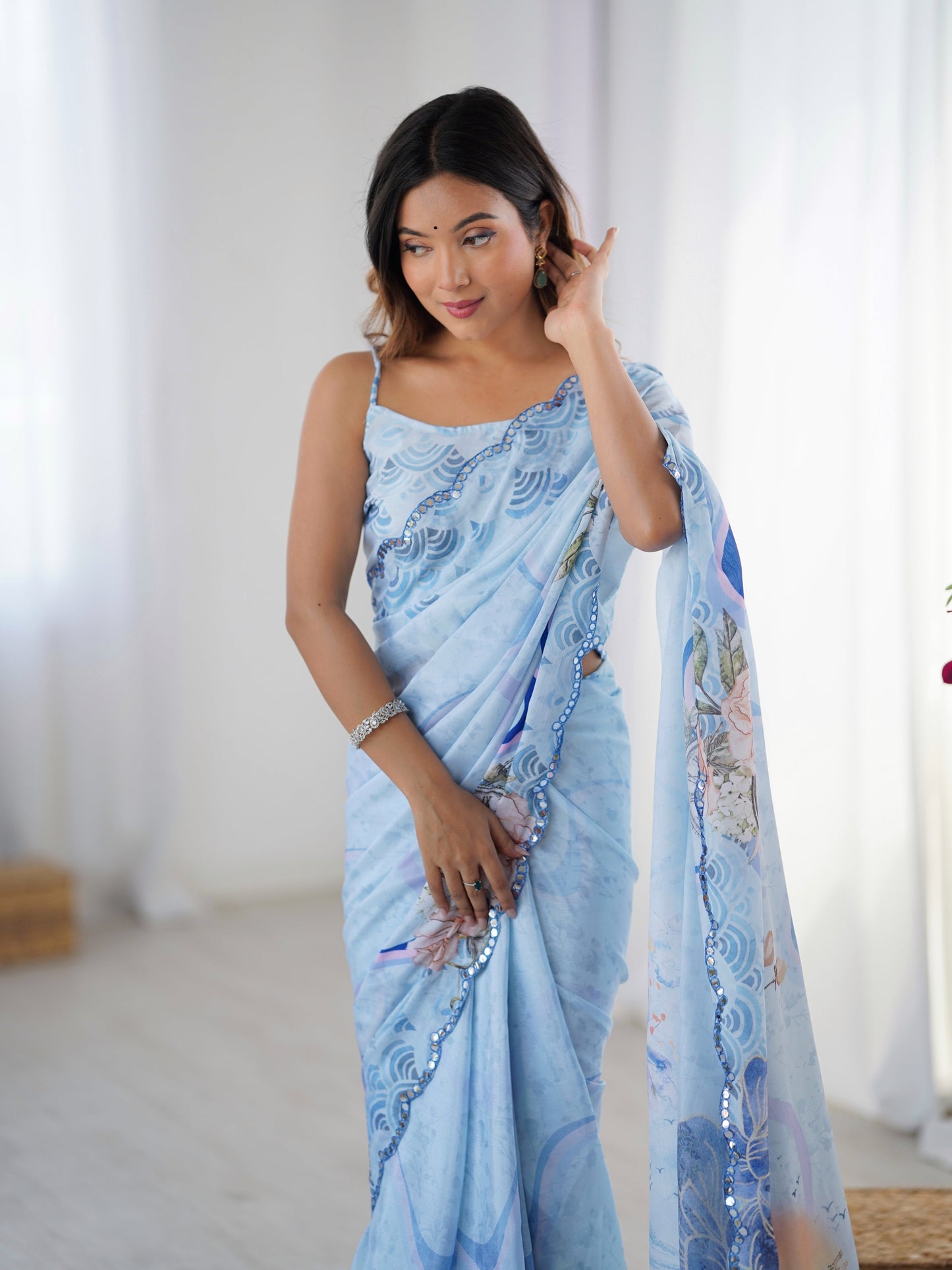 Jyoti Fashion Women's Sky Blue Chinon Digital Printed Designer Saree with Blouse - Swadesiicart