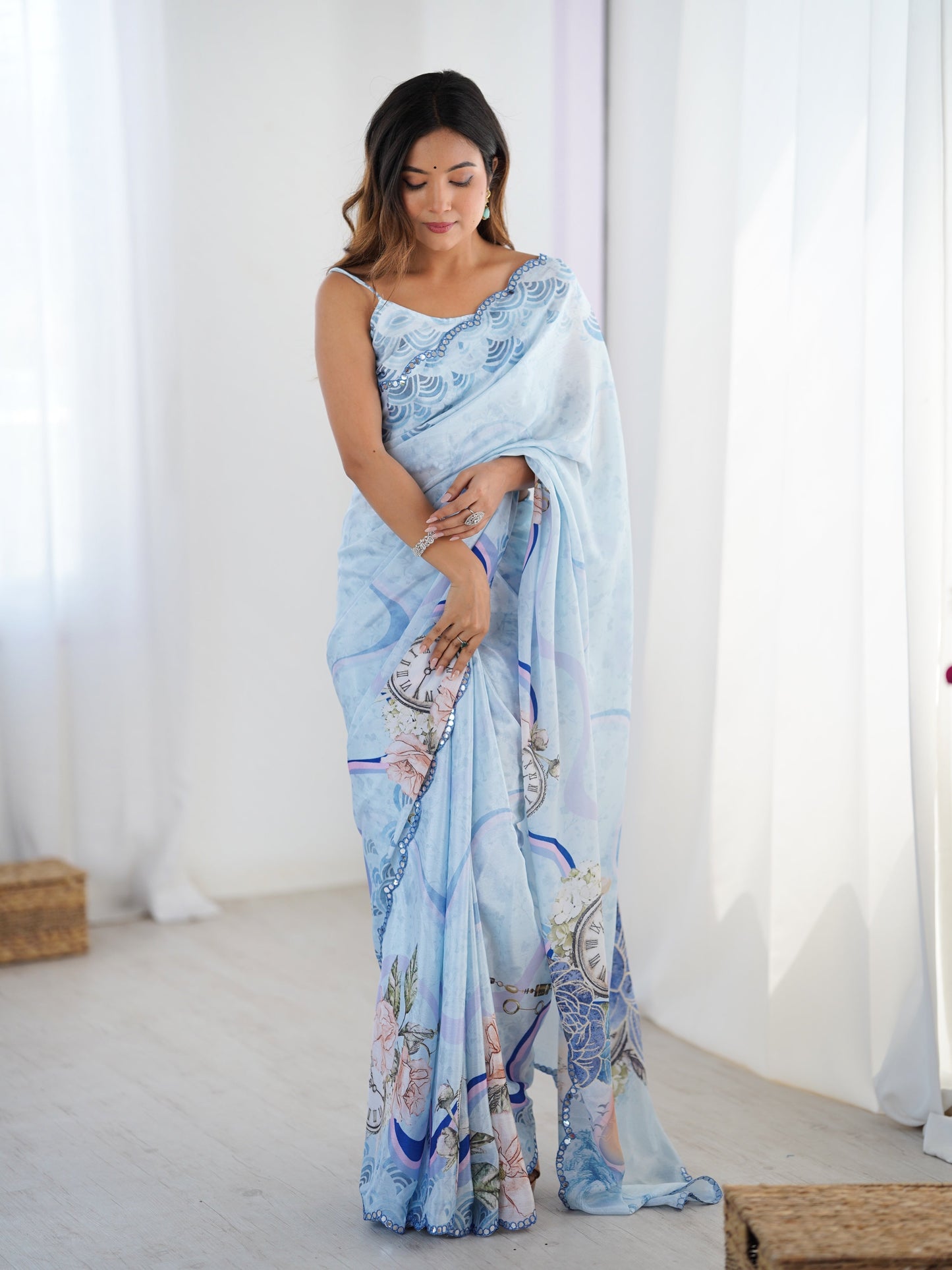 Jyoti Fashion Women's Sky Blue Chinon Digital Printed Designer Saree with Blouse - Swadesiicart