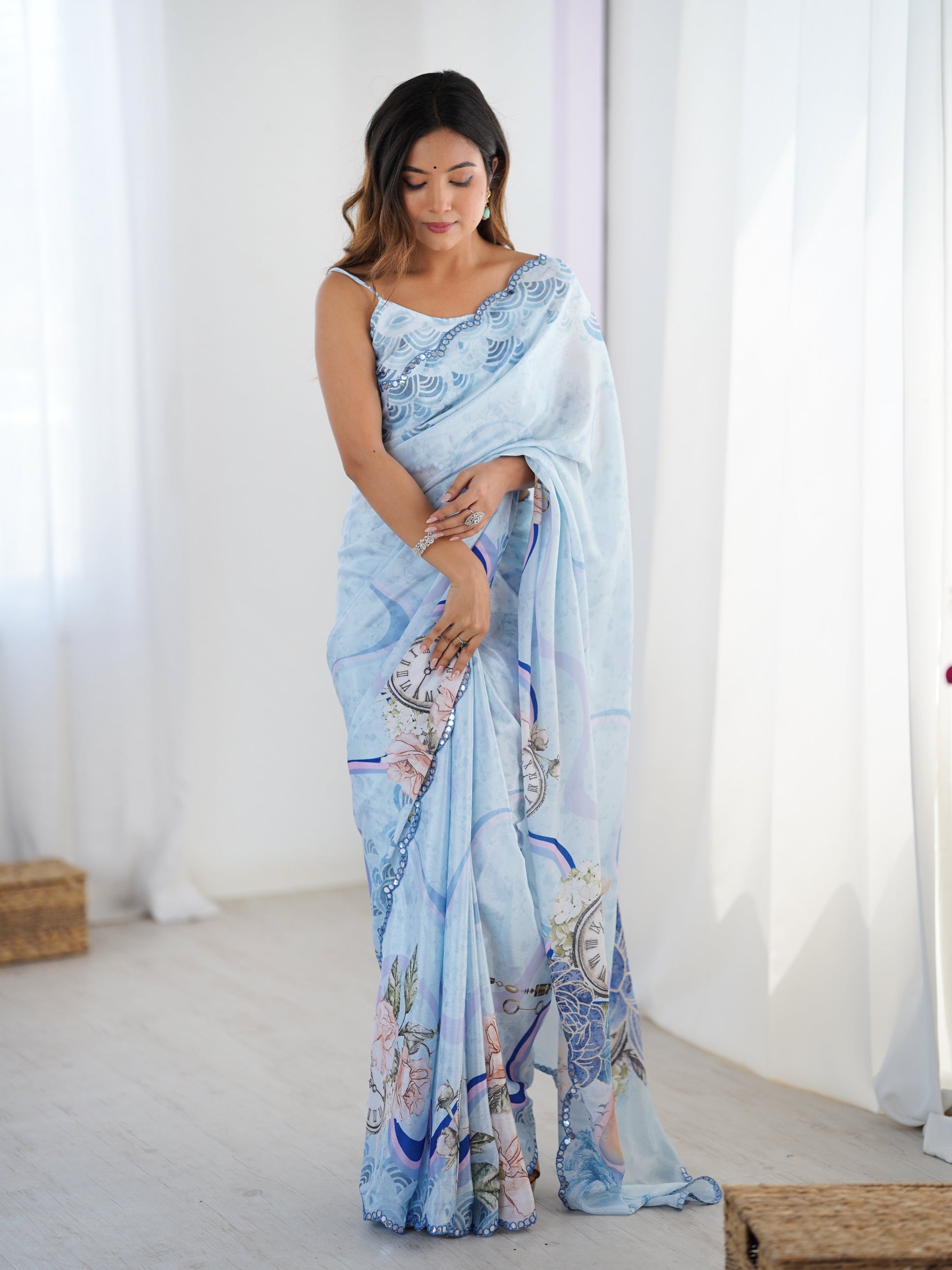 Jyoti Fashion Women's Sky Blue Chinon Digital Printed Designer Saree with Blouse - Swadesiicart
