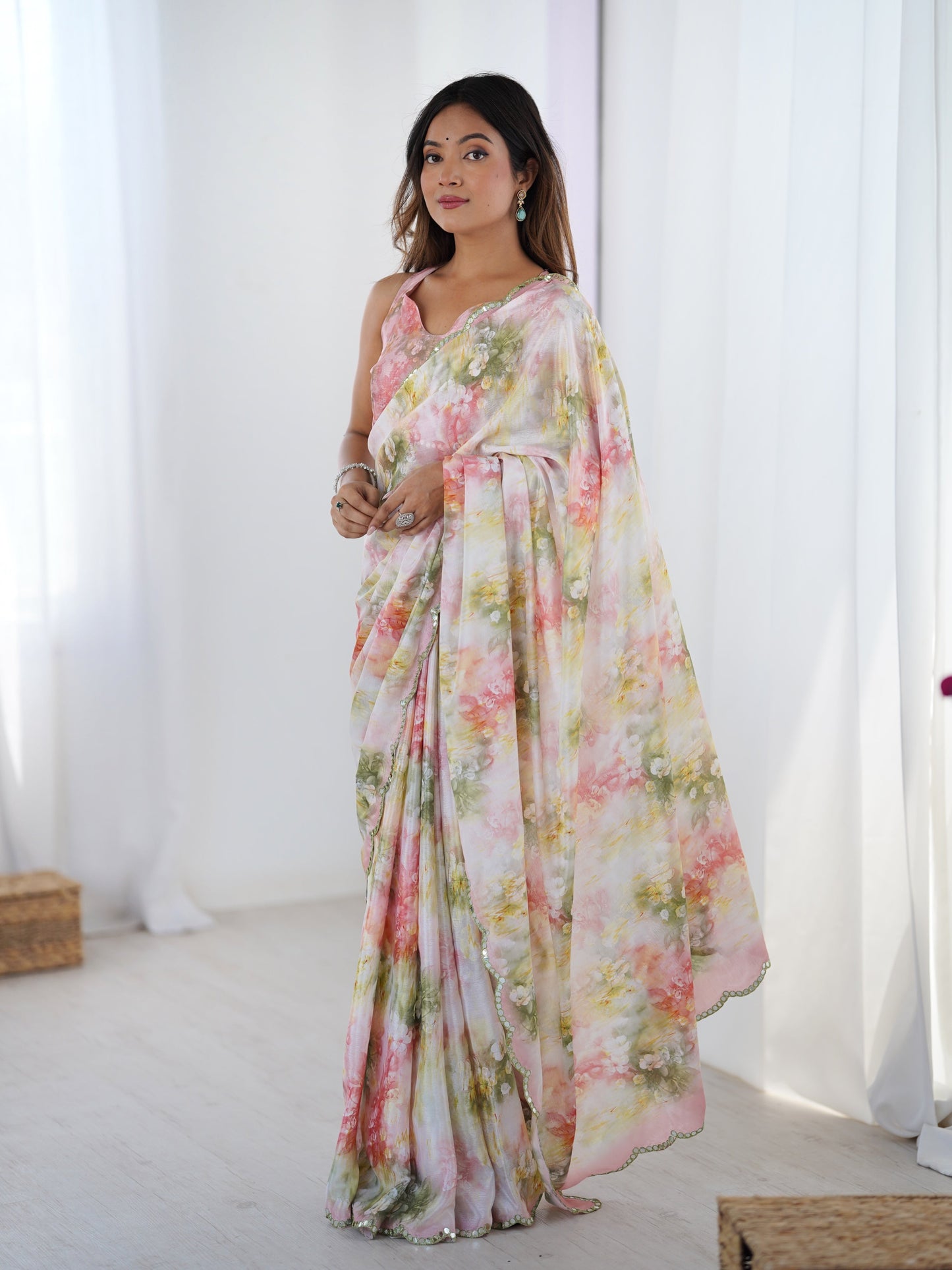 Jyoti Fashion Women's Multicolor Chinon Digital Printed Designer Saree with Blouse - Swadesiicart