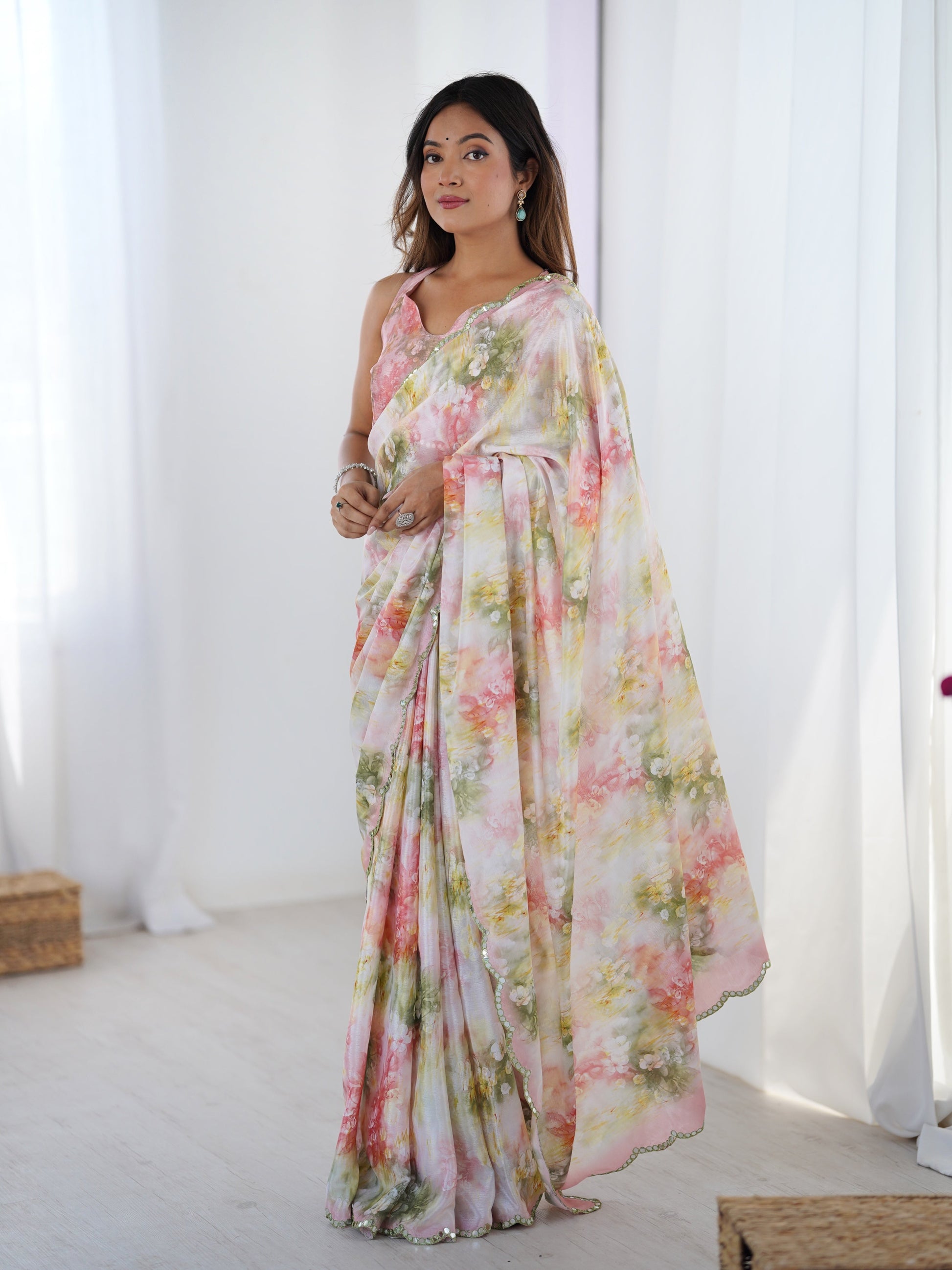 Jyoti Fashion Women's Multicolor Chinon Digital Printed Designer Saree with Blouse - Swadesiicart