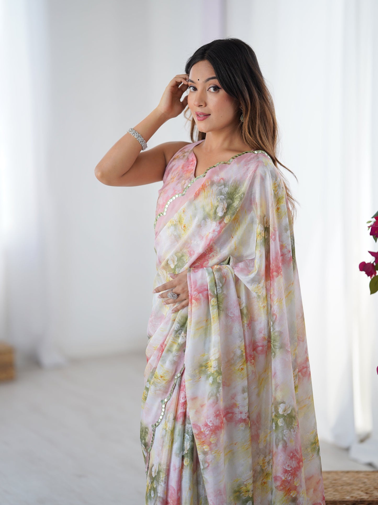 Jyoti Fashion Women's Multicolor Chinon Digital Printed Designer Saree with Blouse - Swadesiicart