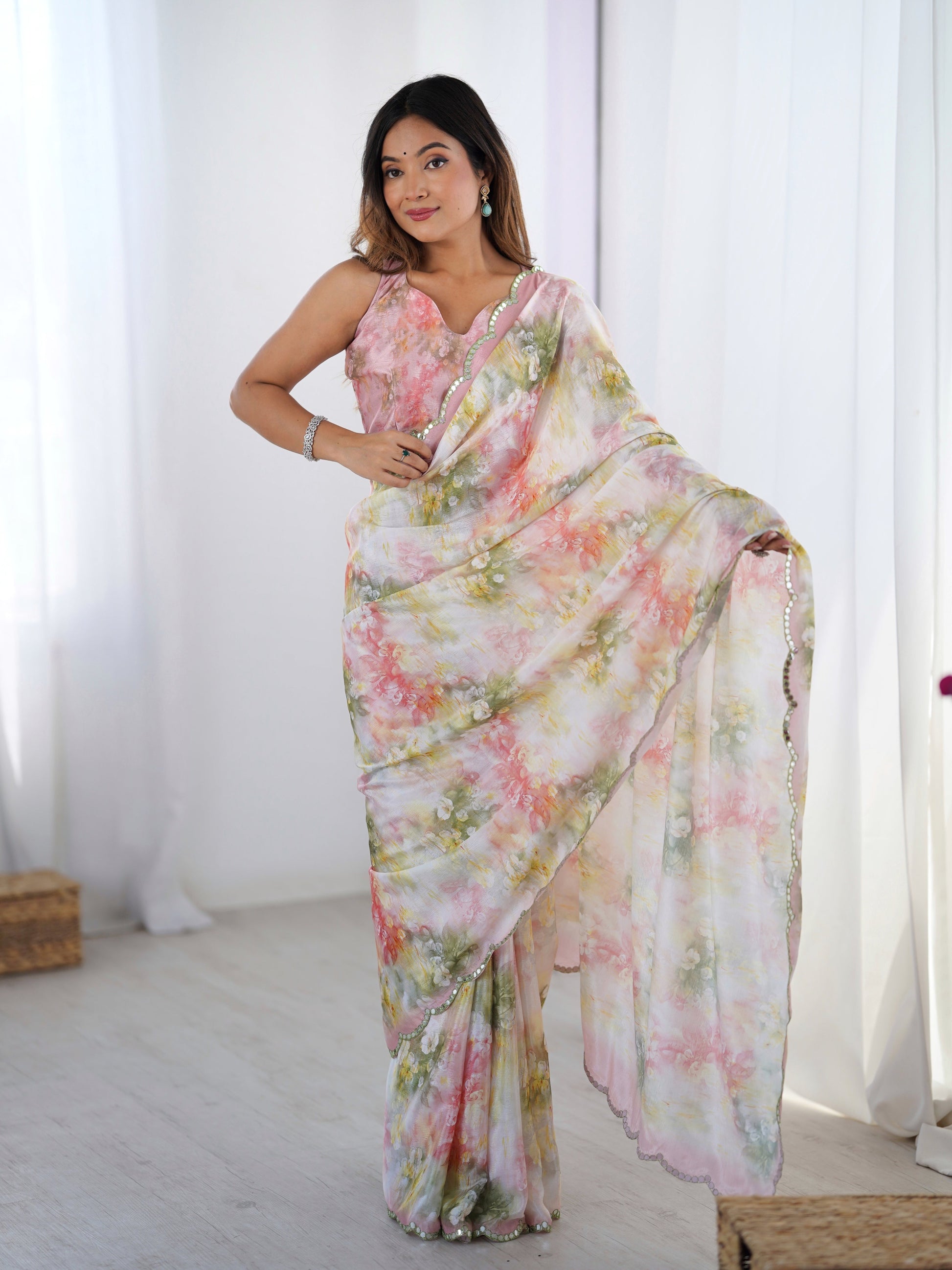 Jyoti Fashion Women's Multicolor Chinon Digital Printed Designer Saree with Blouse - Swadesiicart