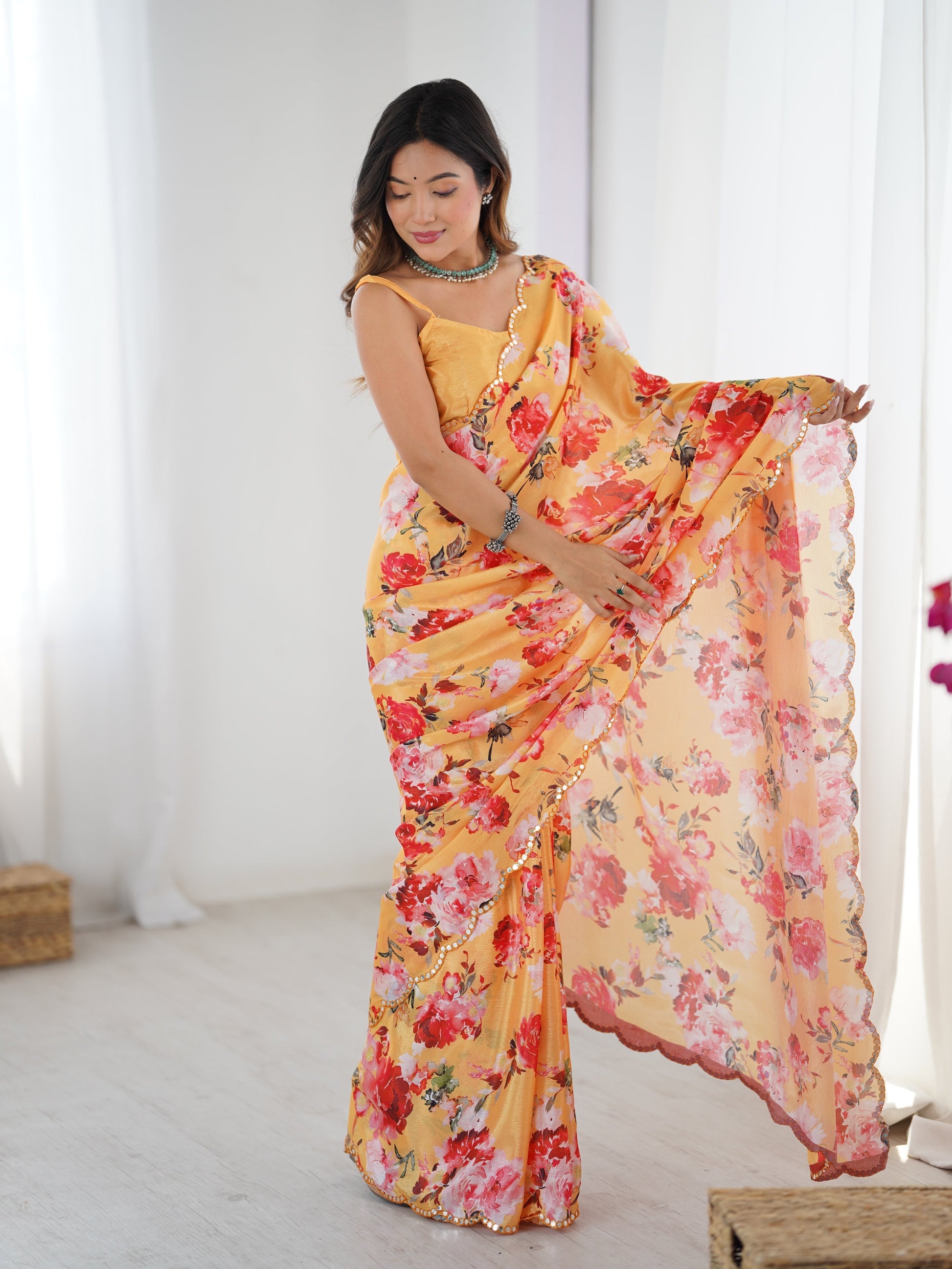 Jyoti Fashion Women's Yellow Chinon Digital Printed Designer Saree with Blouse - Swadesiicart