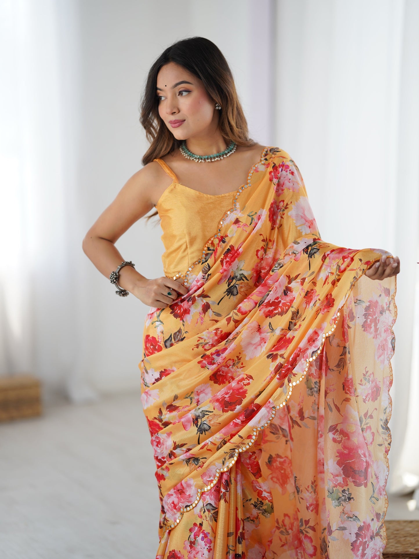 Jyoti Fashion Women's Yellow Chinon Digital Printed Designer Saree with Blouse - Swadesiicart