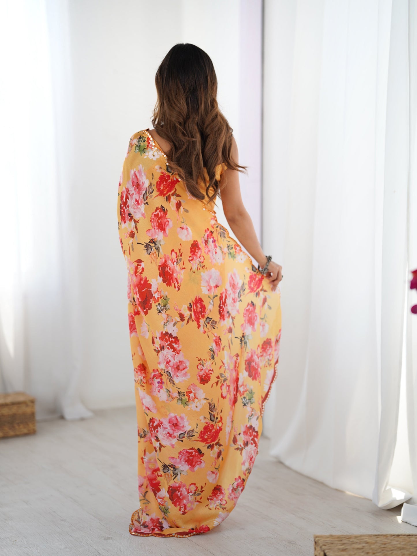Jyoti Fashion Women's Yellow Chinon Digital Printed Designer Saree with Blouse - Swadesiicart