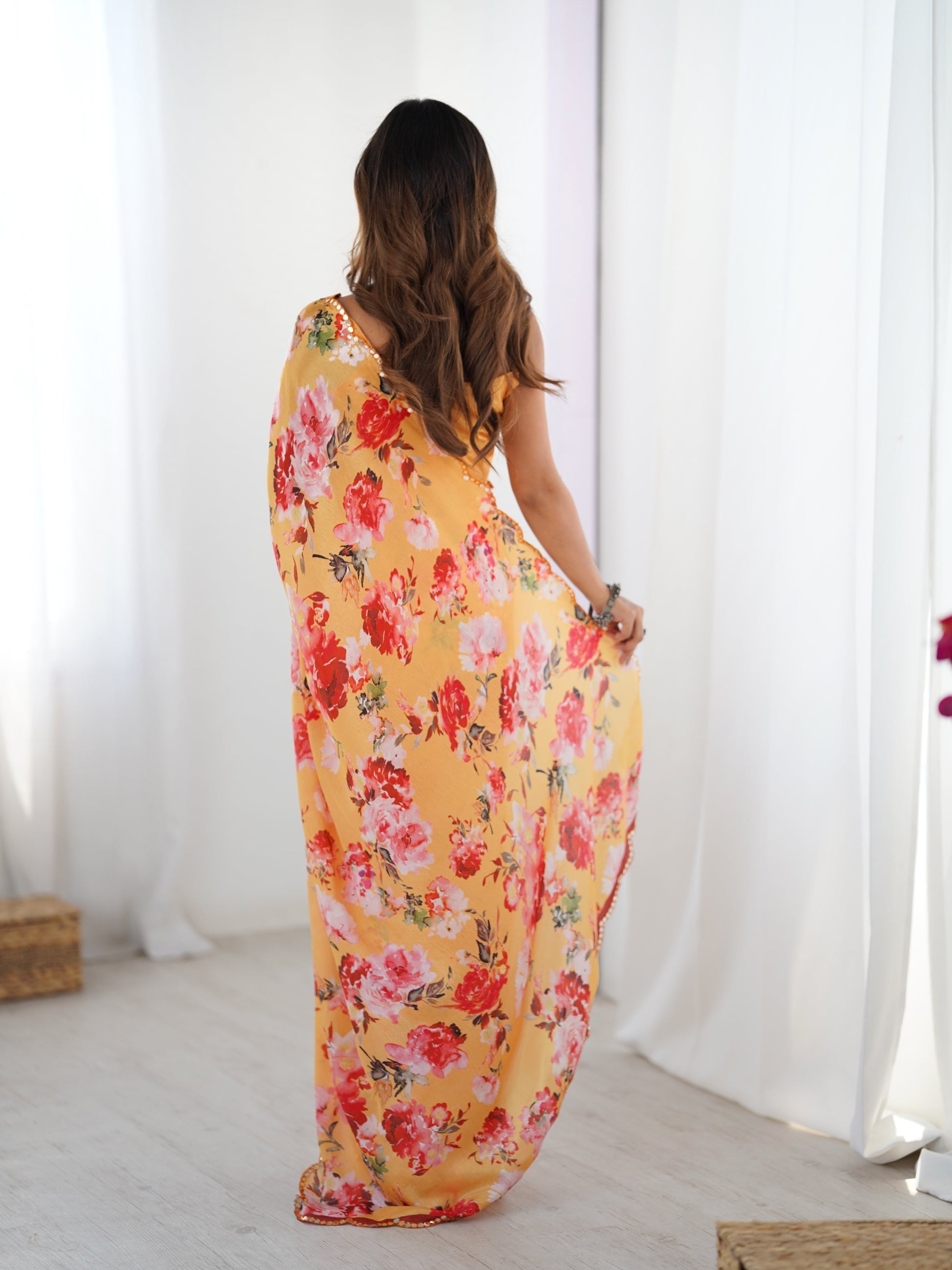 Jyoti Fashion Women's Yellow Chinon Digital Printed Designer Saree with Blouse - Swadesiicart