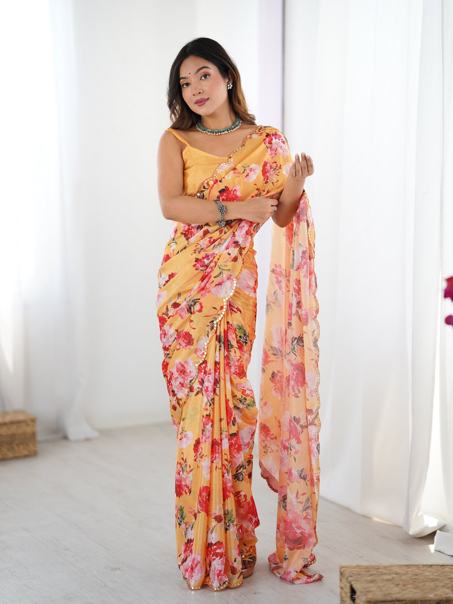 Jyoti Fashion Women's Yellow Chinon Digital Printed Designer Saree with Blouse - Swadesiicart