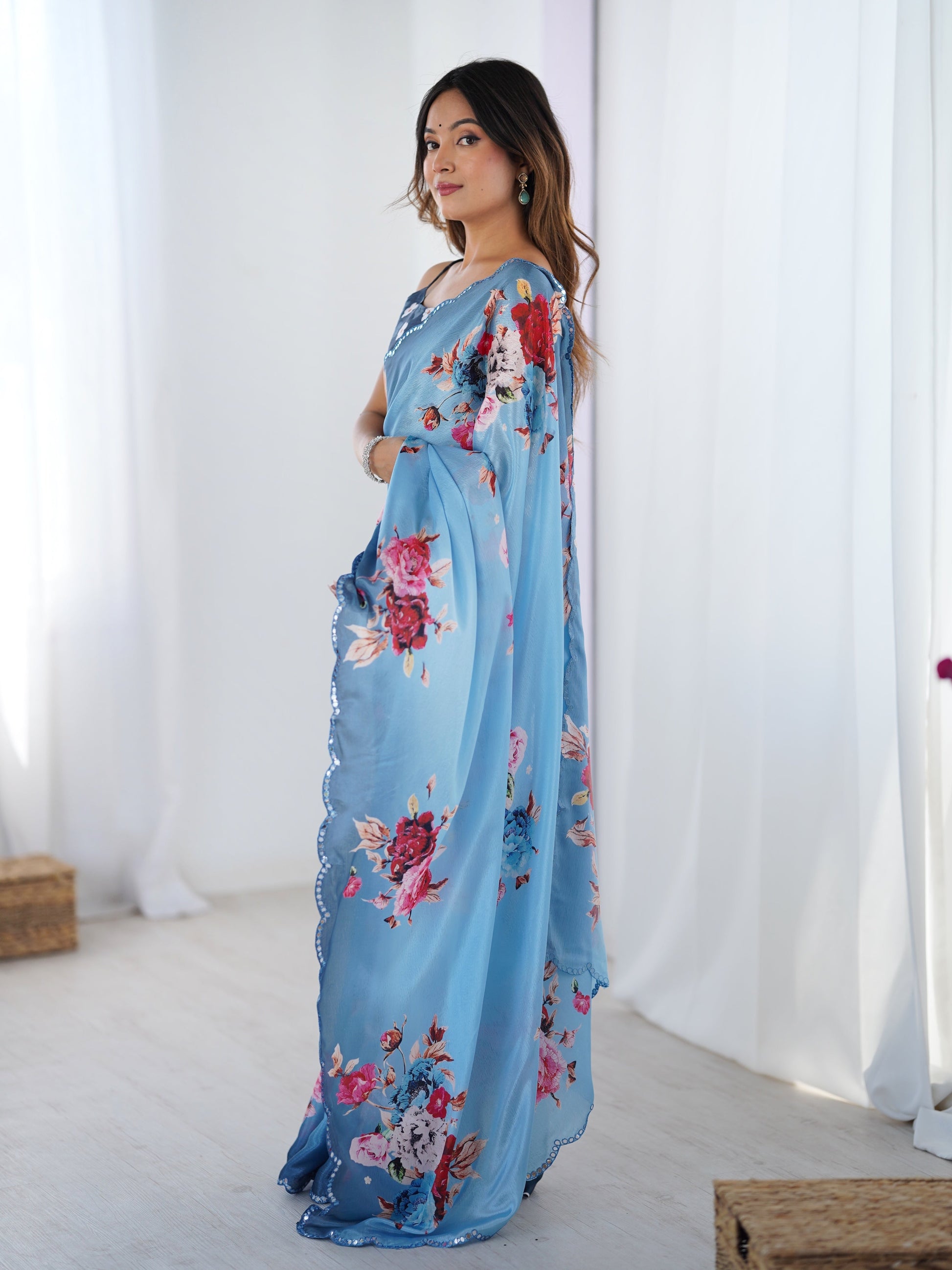 Jyoti Fashion Women's Sky Blue Chinon Digital Printed Designer Saree with Blouse - Swadesiicart