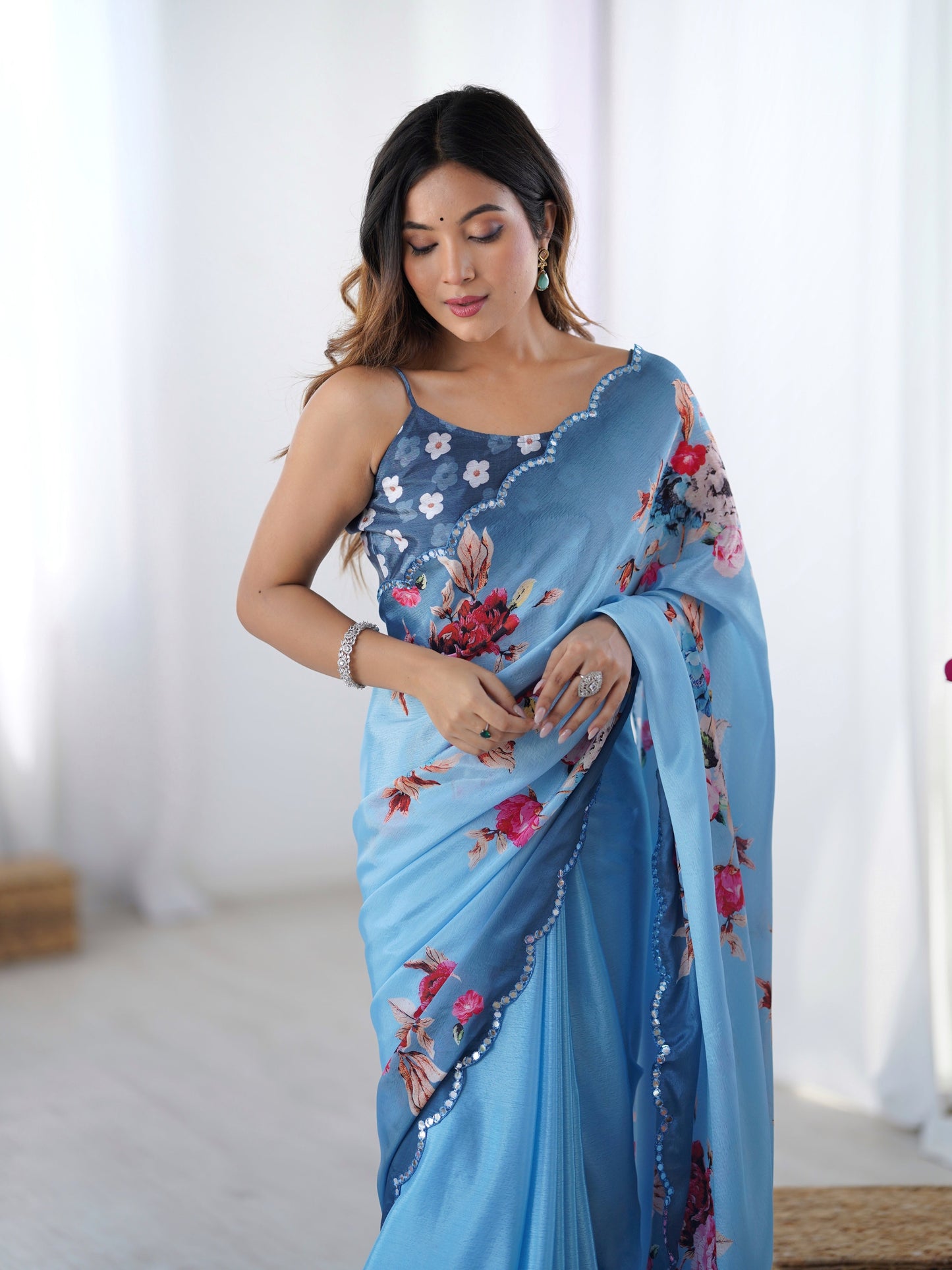 Jyoti Fashion Women's Sky Blue Chinon Digital Printed Designer Saree with Blouse - Swadesiicart