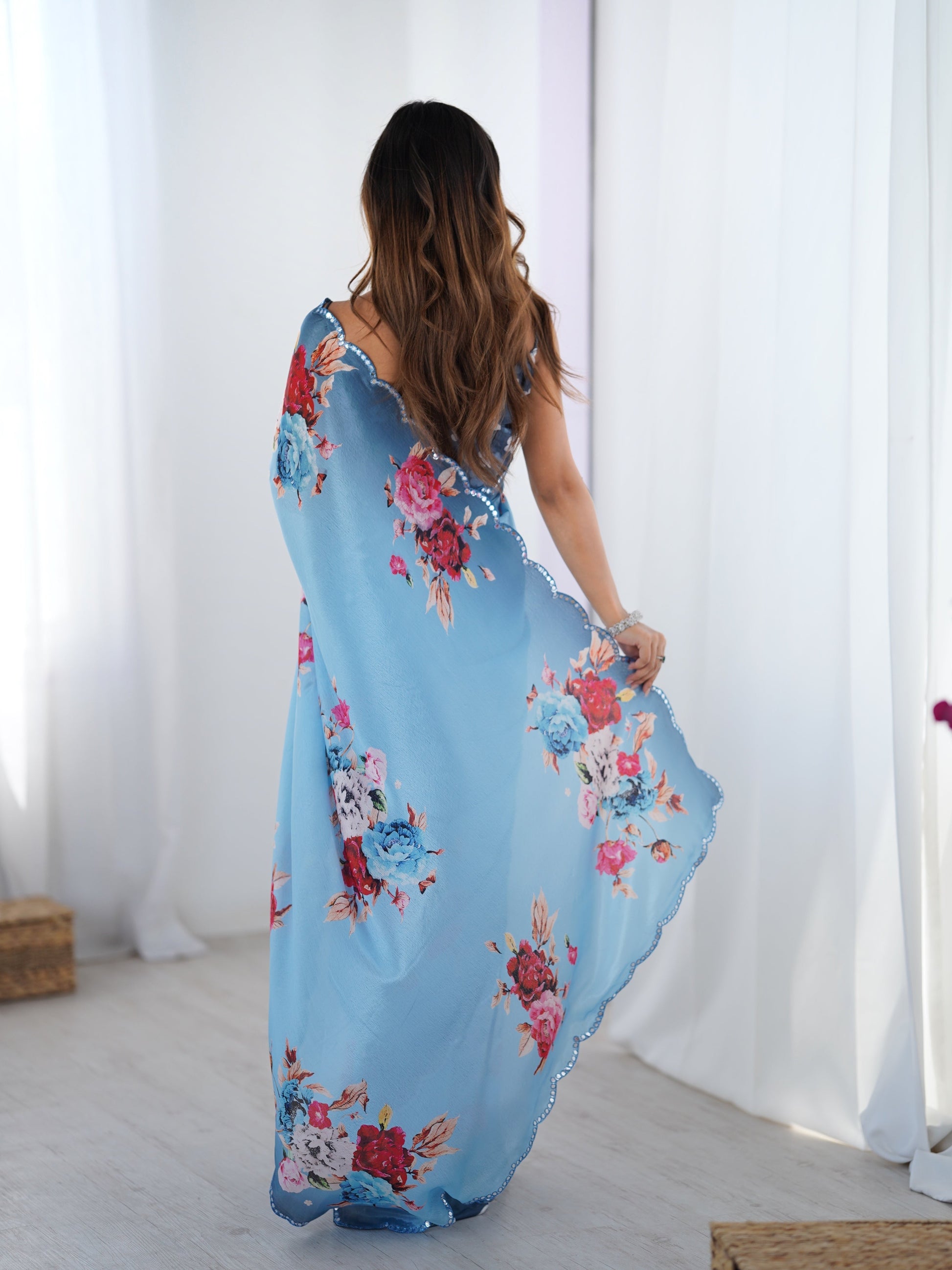 Jyoti Fashion Women's Sky Blue Chinon Digital Printed Designer Saree with Blouse - Swadesiicart