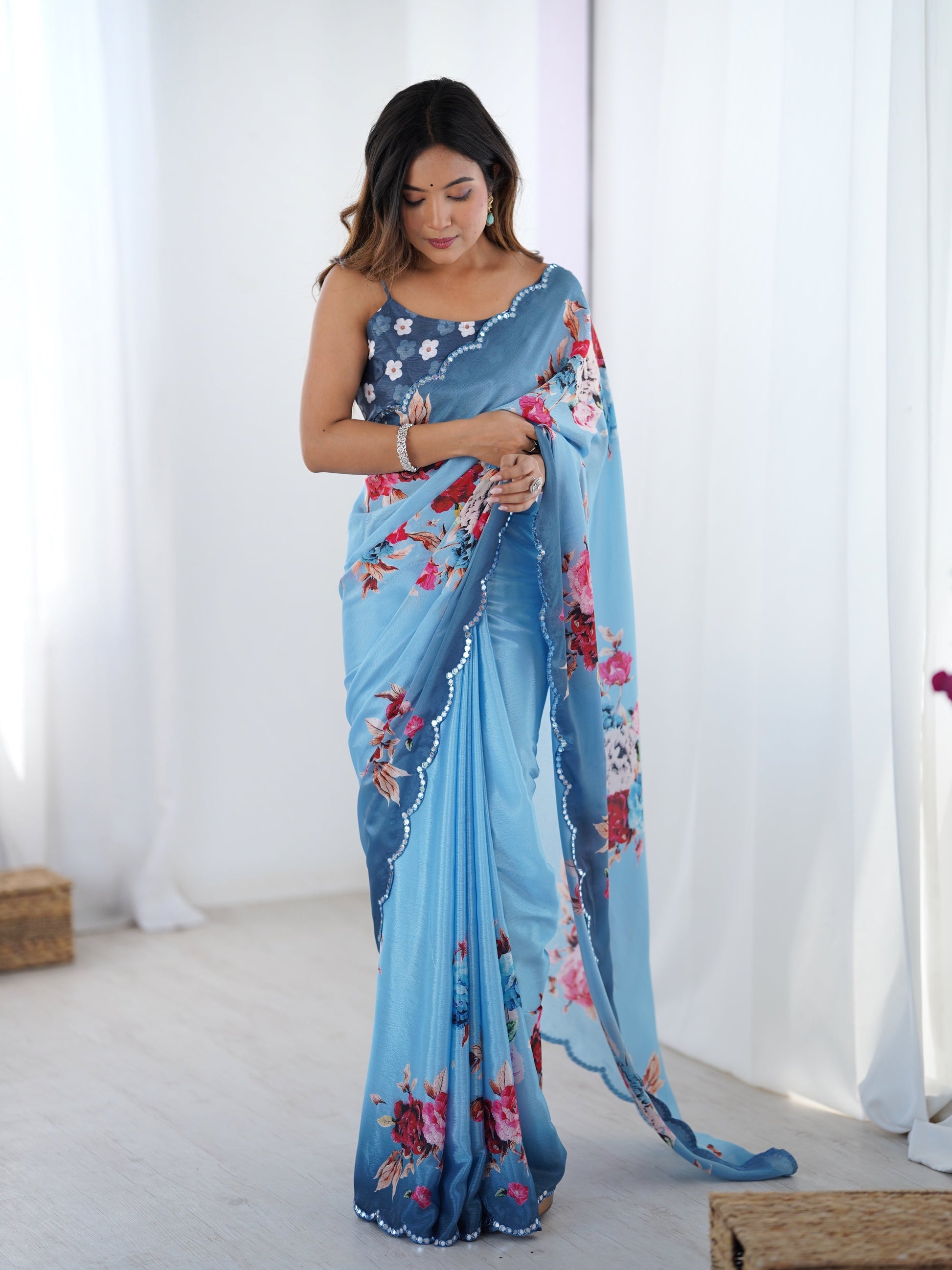 Jyoti Fashion Women's Sky Blue Chinon Digital Printed Designer Saree with Blouse - Swadesiicart