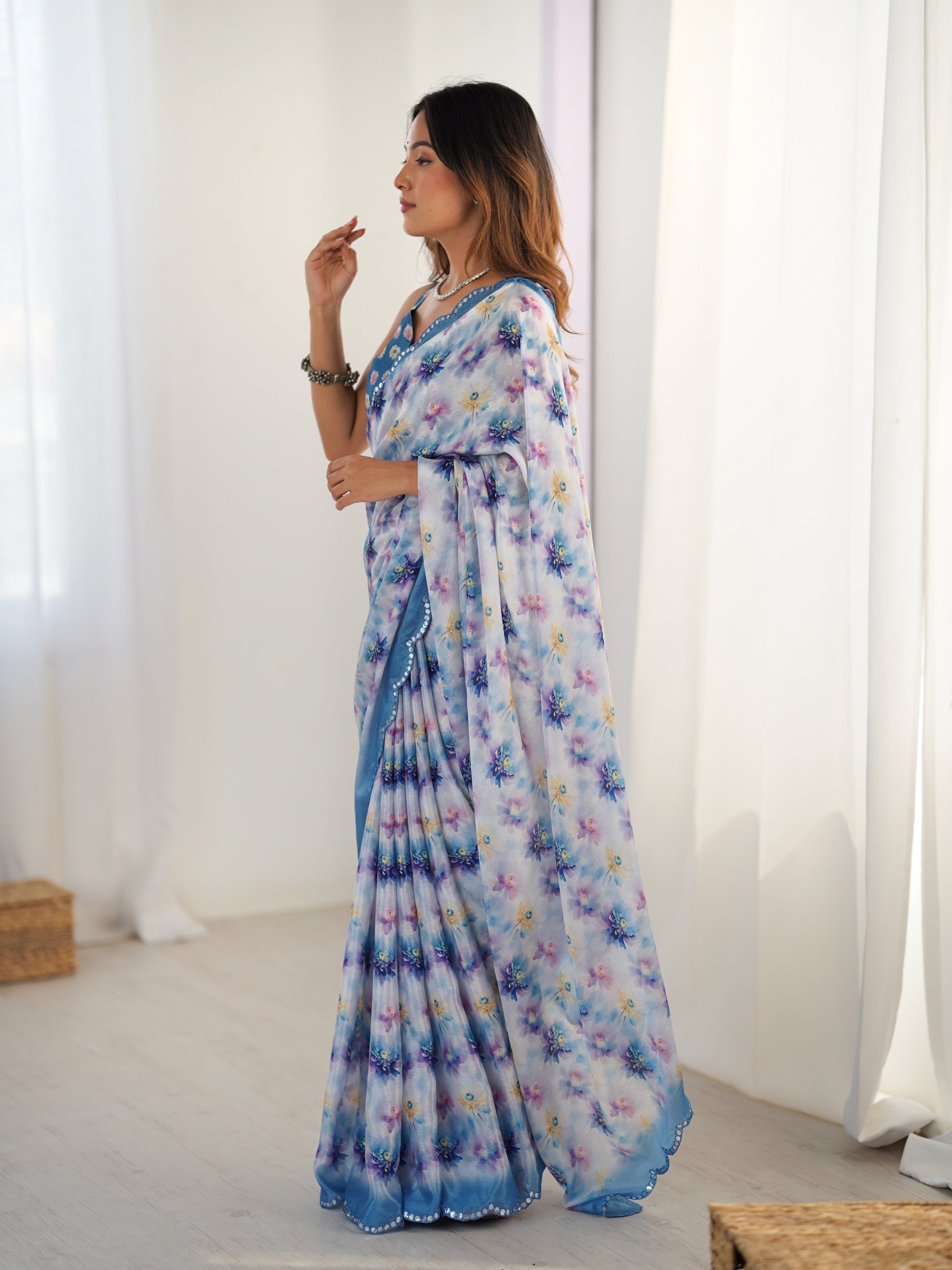 Jyoti Fashion Women's Blue Chinon Digital Printed Designer Saree with Blouse - Swadesiicart