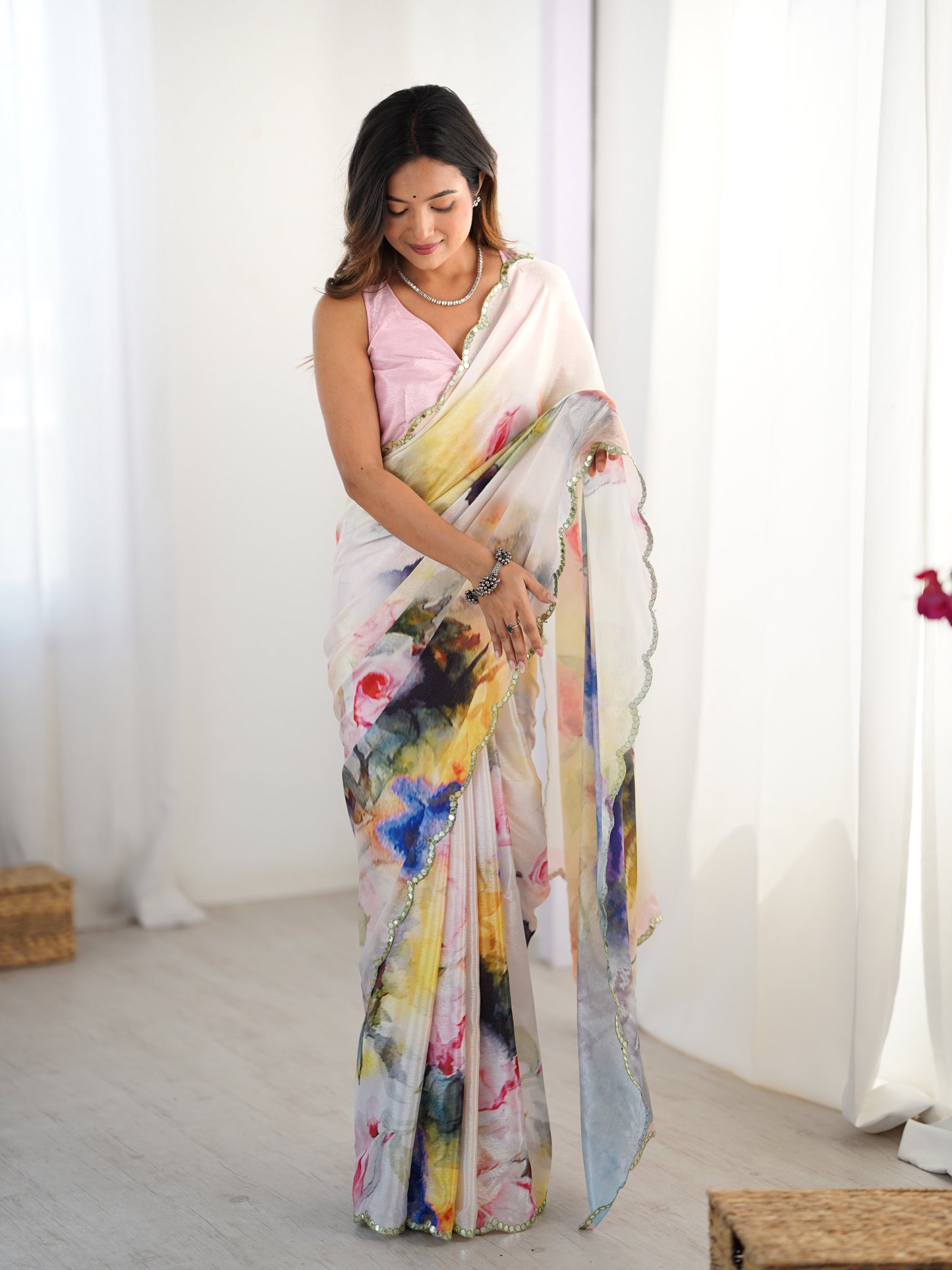 Jyoti Fashion Women's Multicolor Chinon Digital Printed Designer Saree with Blouse - Swadesiicart