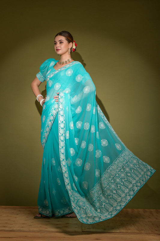 Jyoti Fashion Women's Turquoise Lakhnavi Thread work Georgette Saree with Blouse | Swadesiicart
