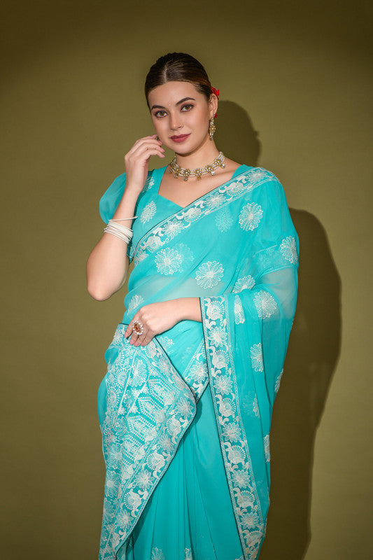 Jyoti Fashion Women's Turquoise Lakhnavi Thread work Georgette Saree with Blouse | Swadesiicart