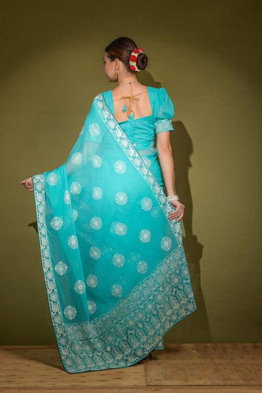 Jyoti Fashion Women's Turquoise Lakhnavi Thread work Georgette Saree with Blouse | Swadesiicart