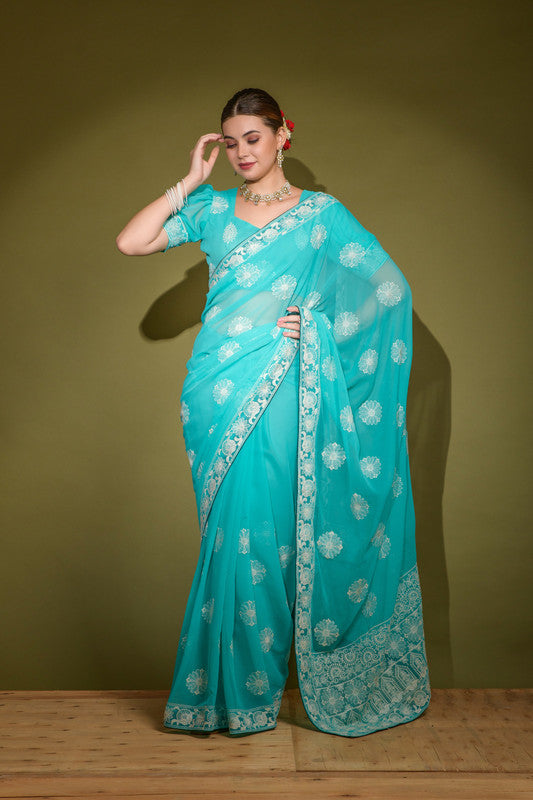 Jyoti Fashion Women's Turquoise Lakhnavi Thread work Georgette Saree with Blouse | Swadesiicart