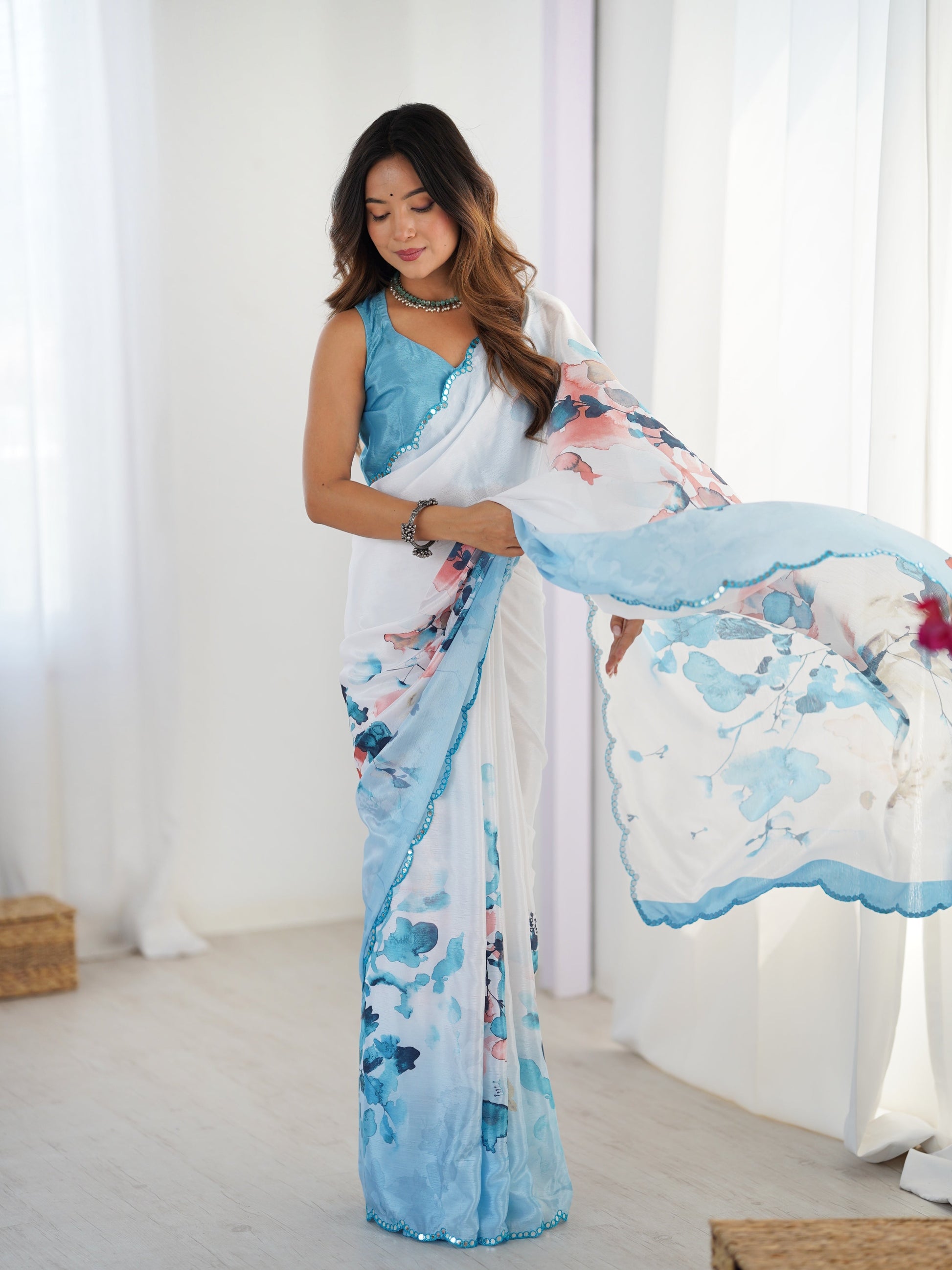 Jyoti Fashion Women's Sky Blue Chinon Digital Printed Designer Saree with Blouse - Swadesiicart