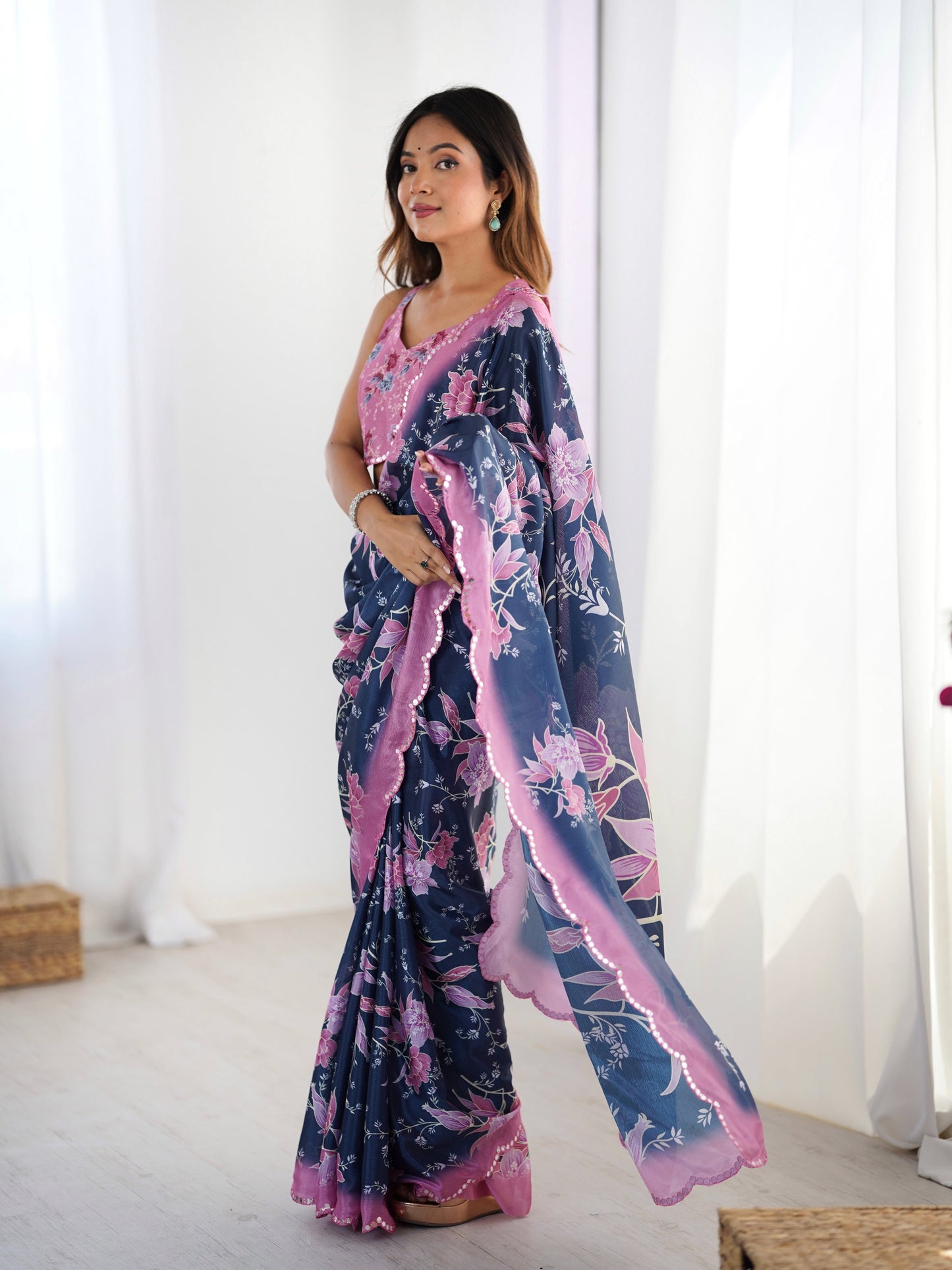 Jyoti Fashion Women's Navy Blue Chinon Digital Printed Designer Saree with Blouse - Swadesiicart