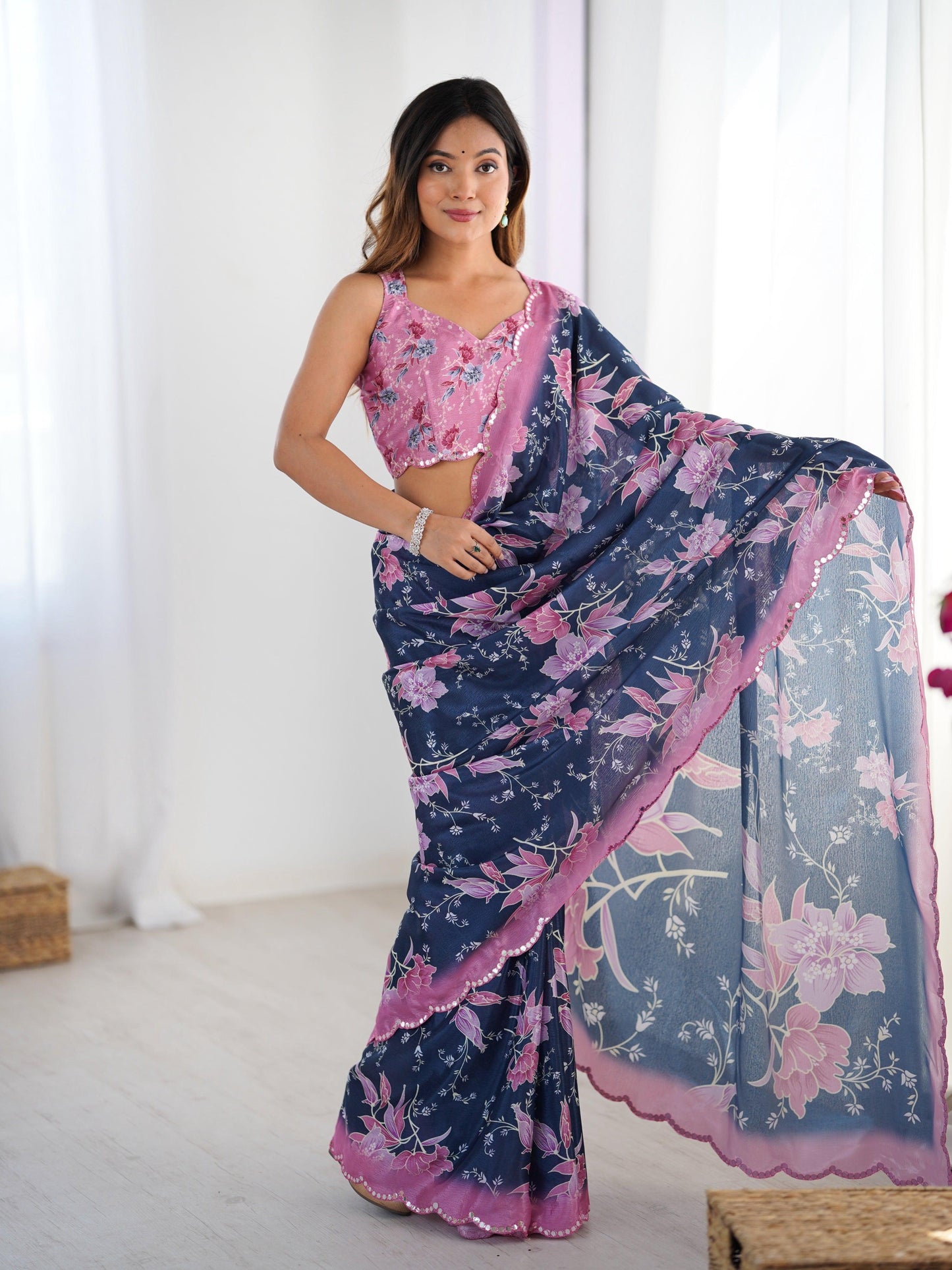 Jyoti Fashion Women's Navy Blue Chinon Digital Printed Designer Saree with Blouse - Swadesiicart