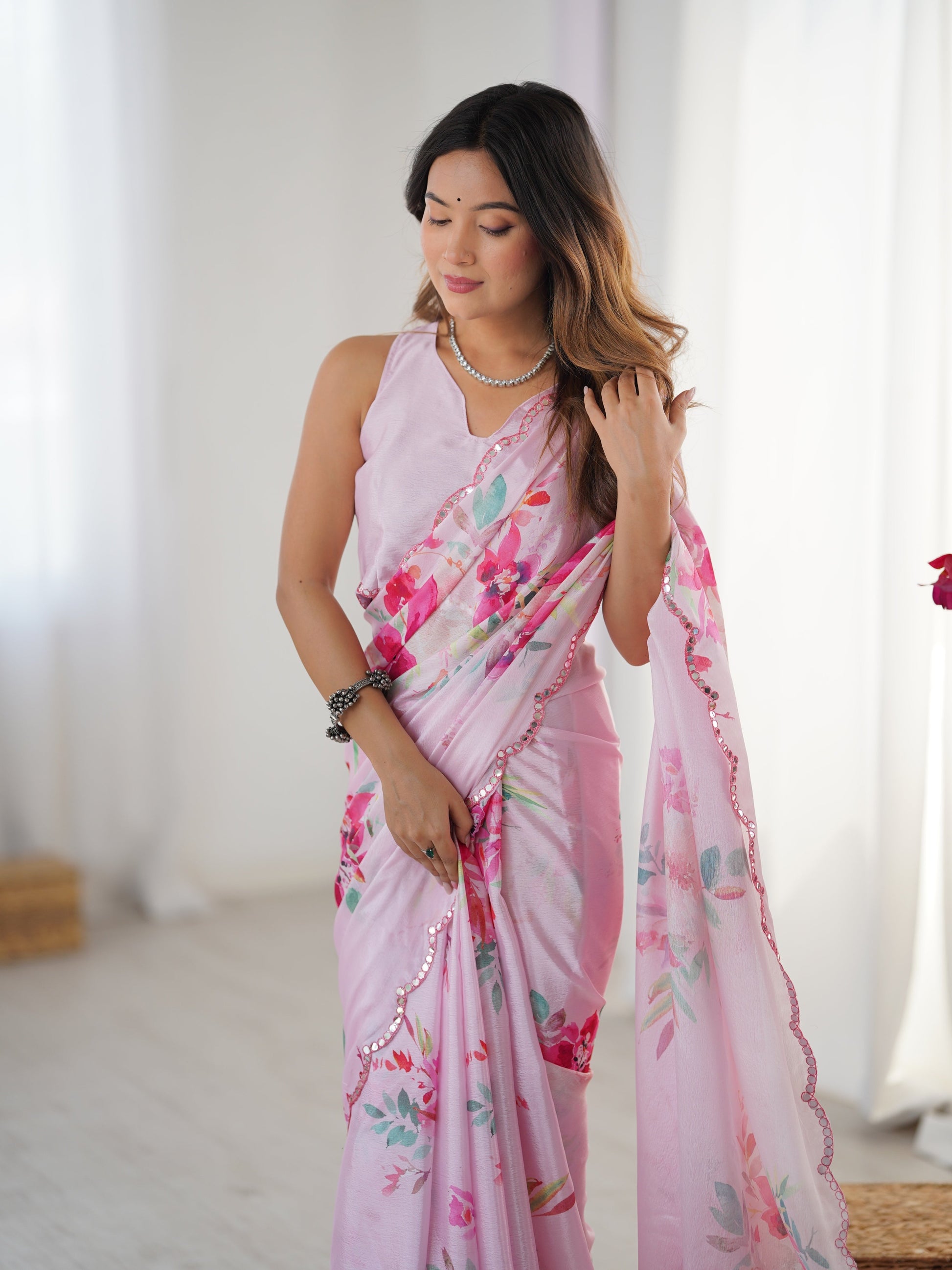 Jyoti Fashion Women's Baby Pink Chinon Digital Printed Designer Saree with Blouse - Swadesiicart
