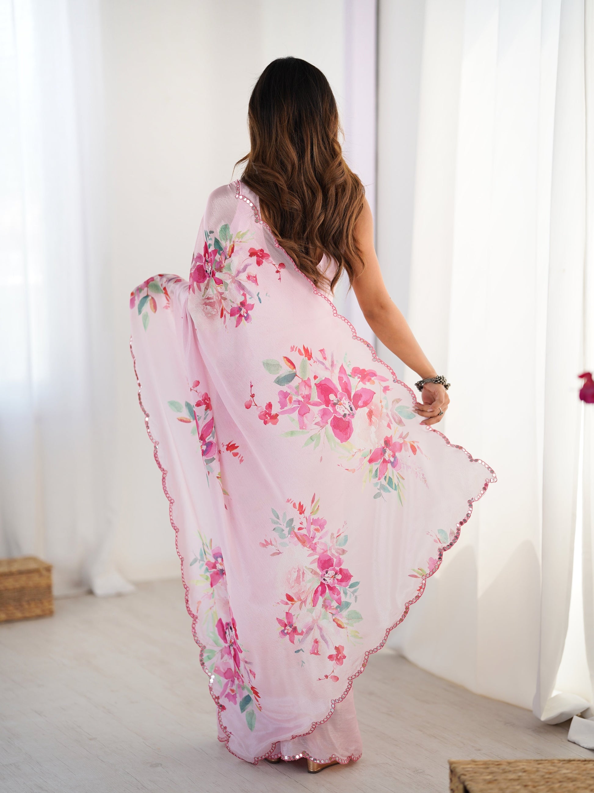 Jyoti Fashion Women's Baby Pink Chinon Digital Printed Designer Saree with Blouse - Swadesiicart