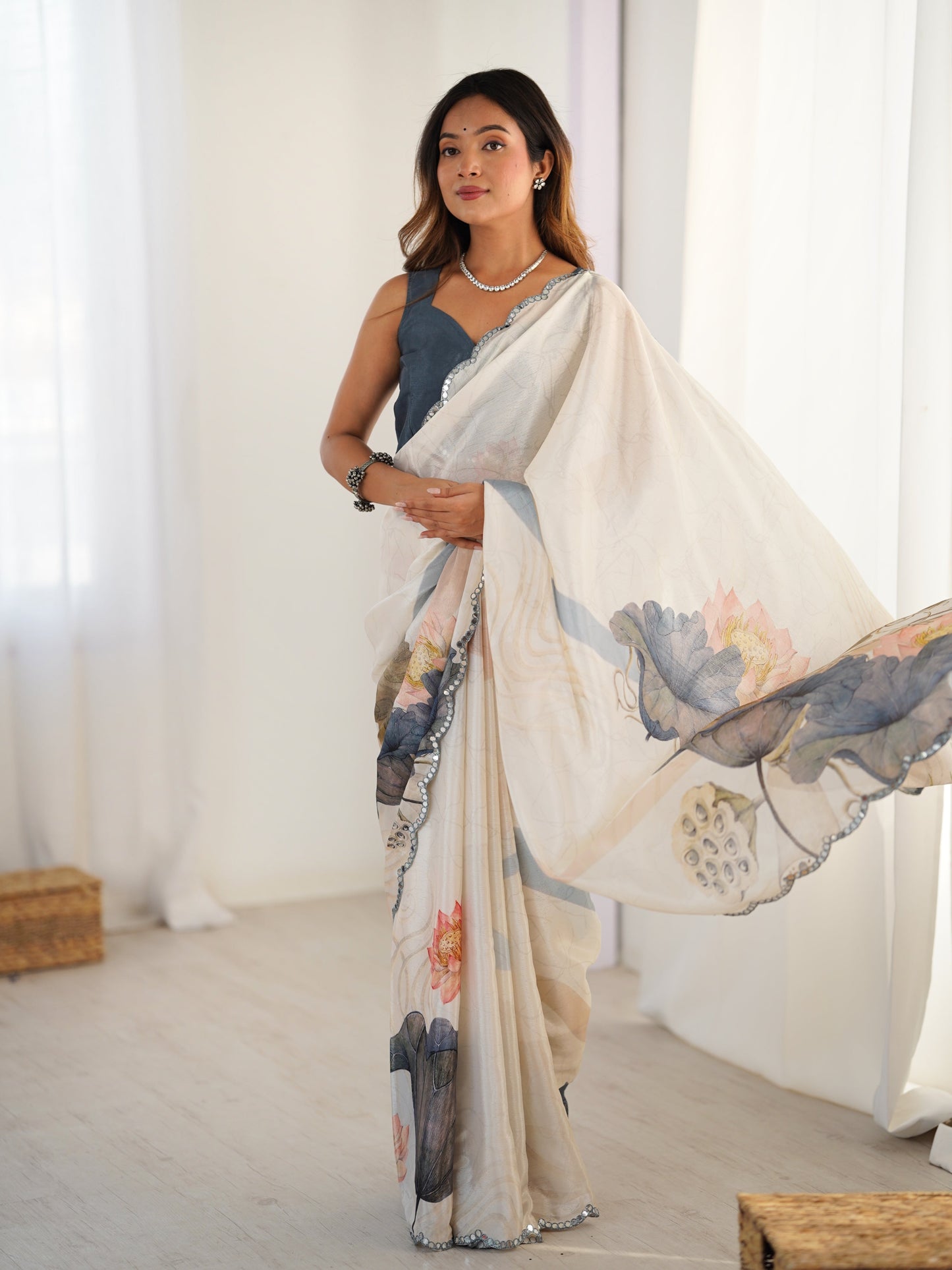 Jyoti Fashion Women's Off White Chinon Digital Printed Designer Saree with Blouse - Swadesiicart
