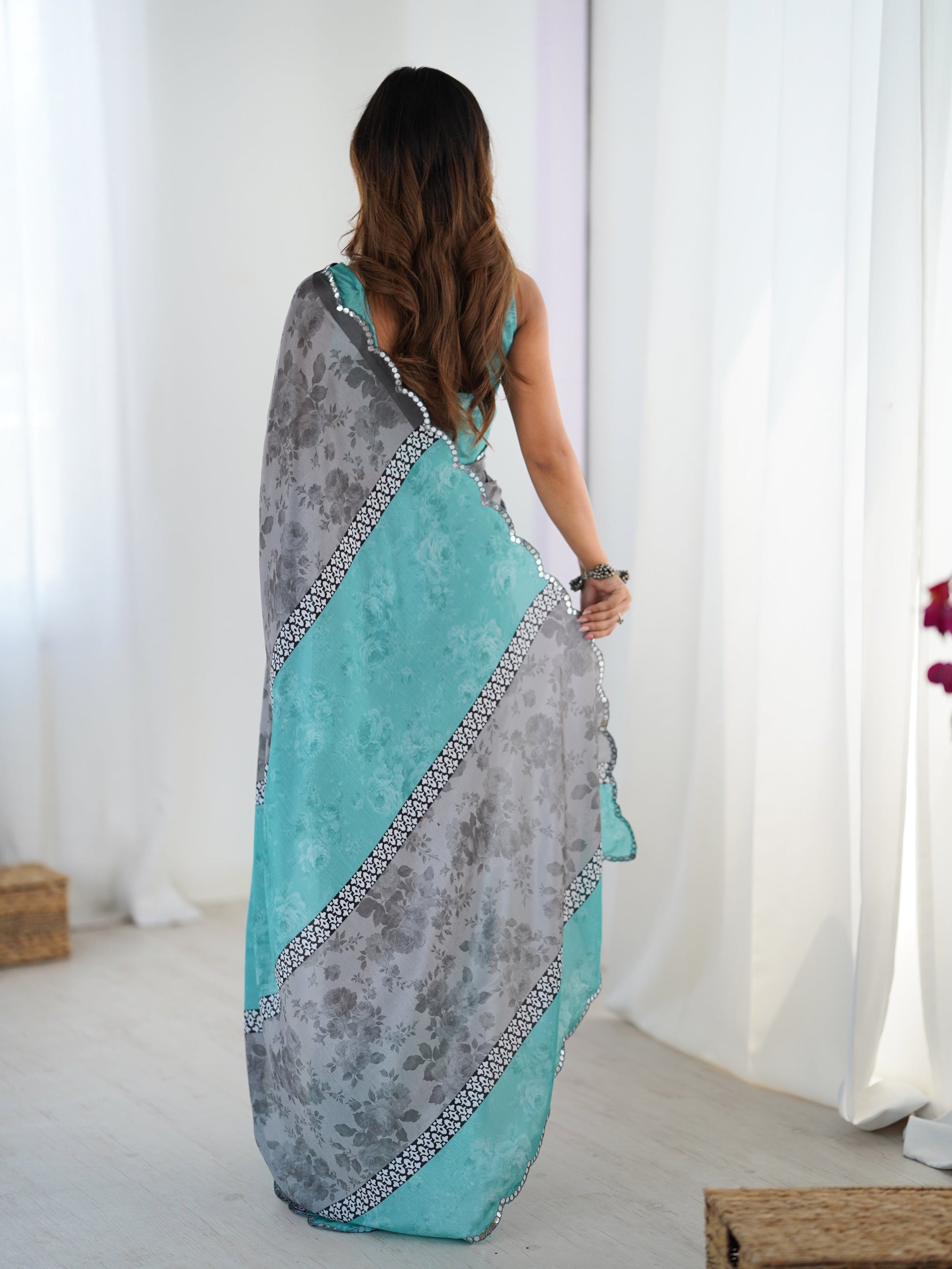 Jyoti Fashion Women's Grey Chinon Digital Printed Designer Saree with Blouse - Swadesiicart