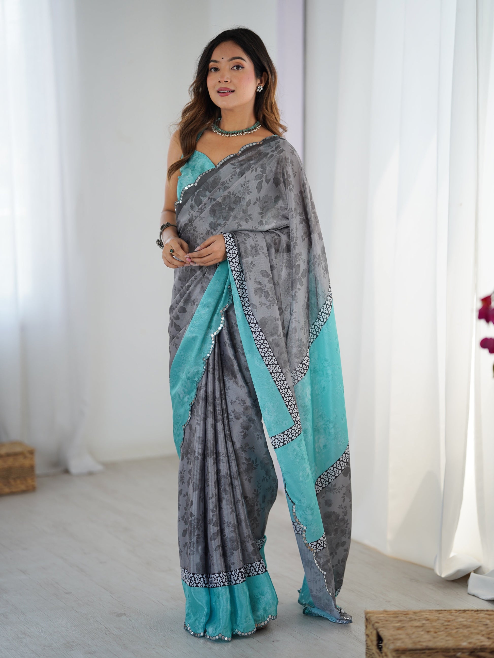 Jyoti Fashion Women's Grey Chinon Digital Printed Designer Saree with Blouse - Swadesiicart