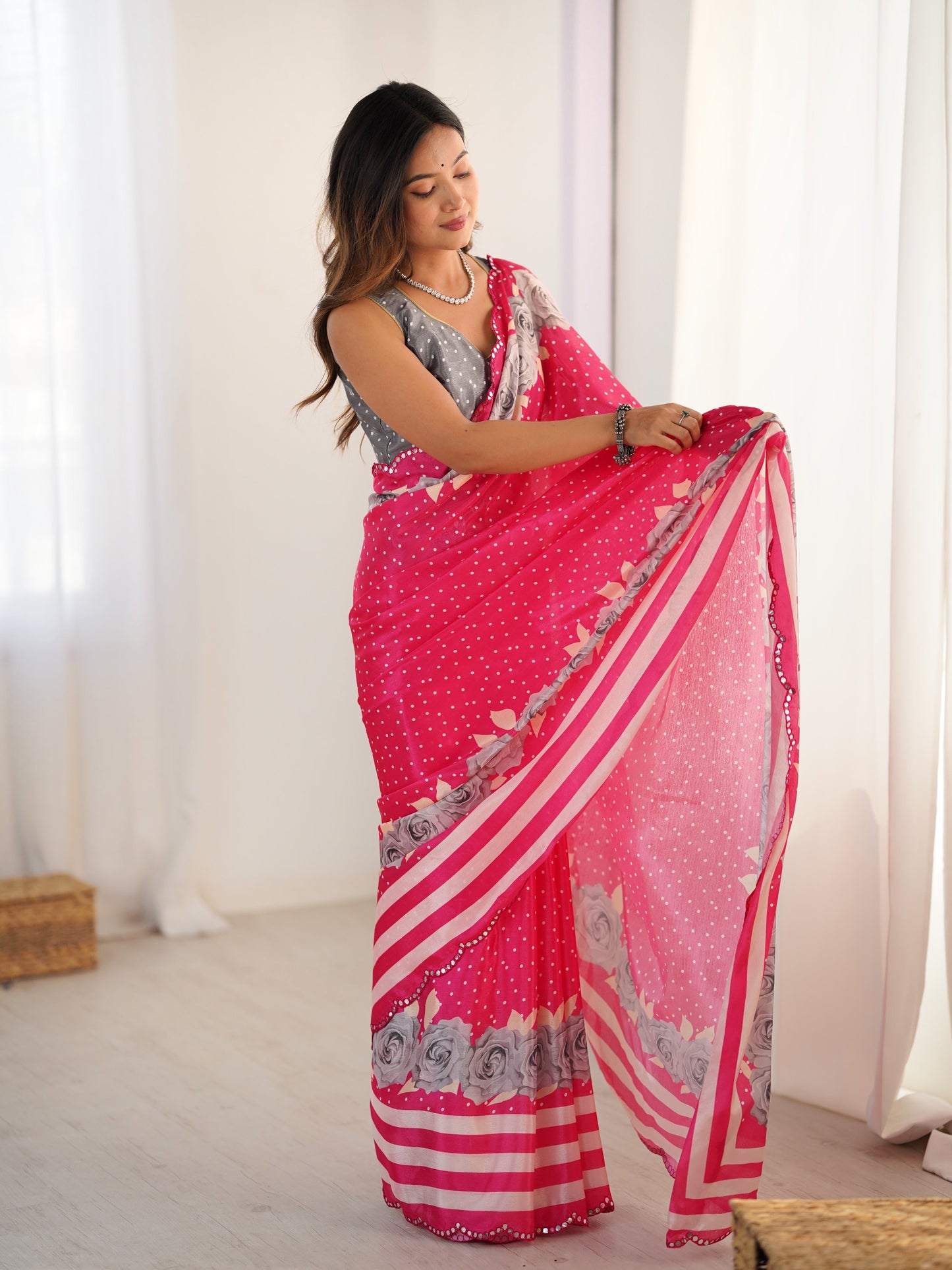 Jyoti Fashion Women's Pink Chinon Digital Printed Designer Saree with Blouse - Swadesiicart