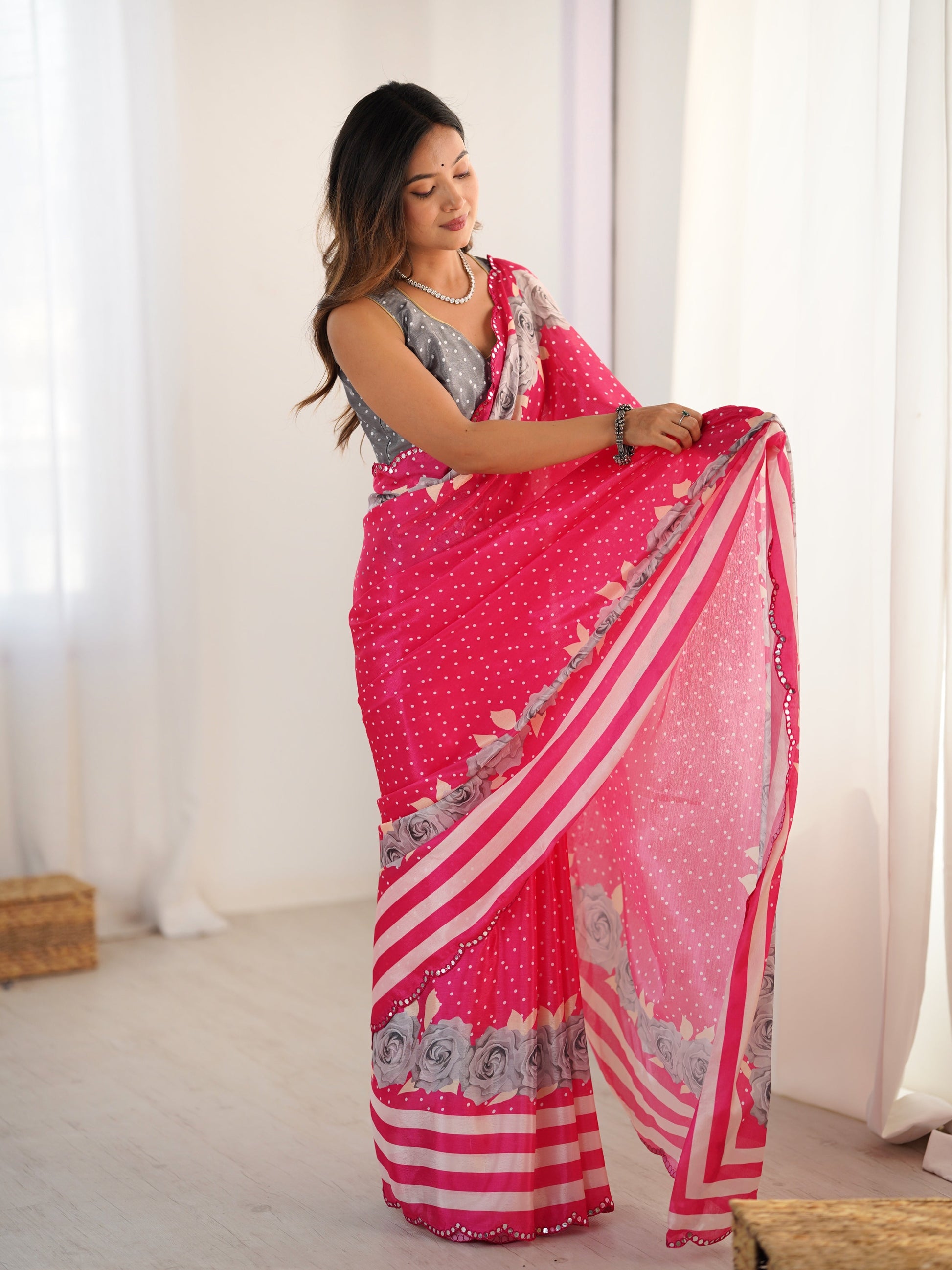Jyoti Fashion Women's Pink Chinon Digital Printed Designer Saree with Blouse - Swadesiicart