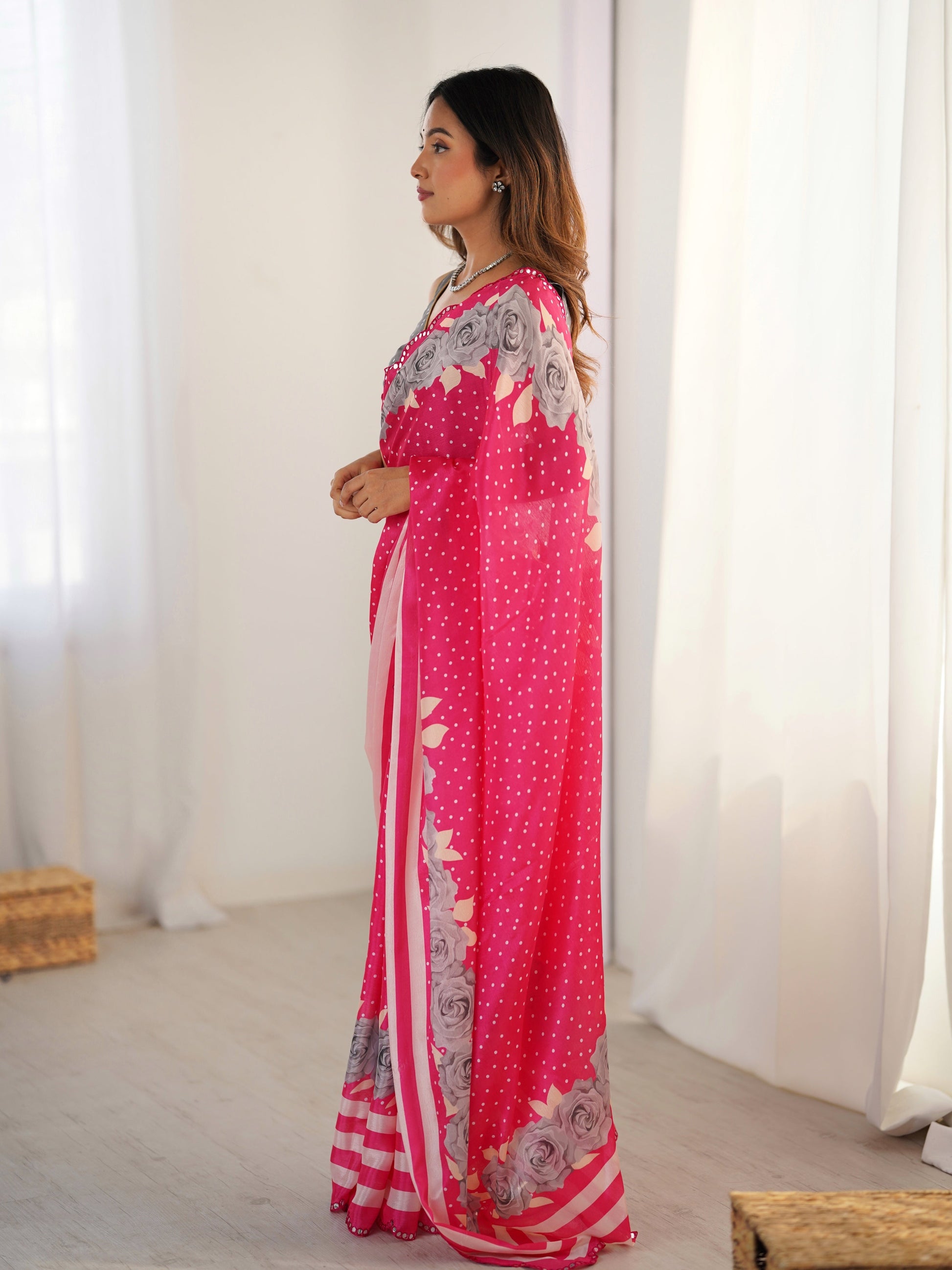 Jyoti Fashion Women's Pink Chinon Digital Printed Designer Saree with Blouse - Swadesiicart