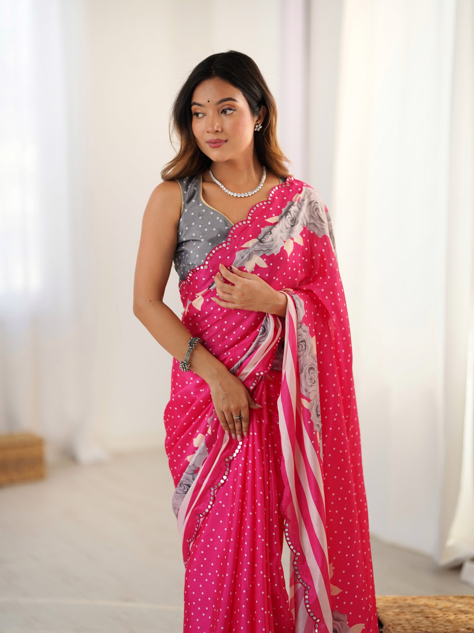 Jyoti Fashion Women's Pink Chinon Digital Printed Designer Saree with Blouse - Swadesiicart