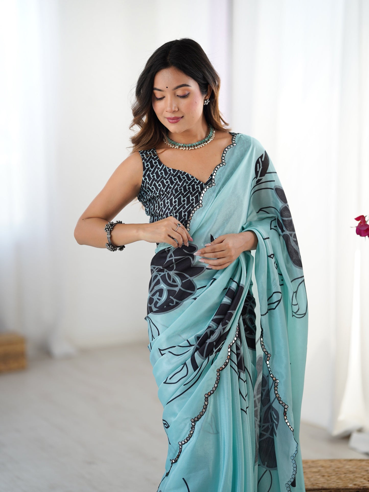 Jyoti Fashion Women's Sea Green Chinon Digital Printed Designer Saree with Blouse - Swadesiicart
