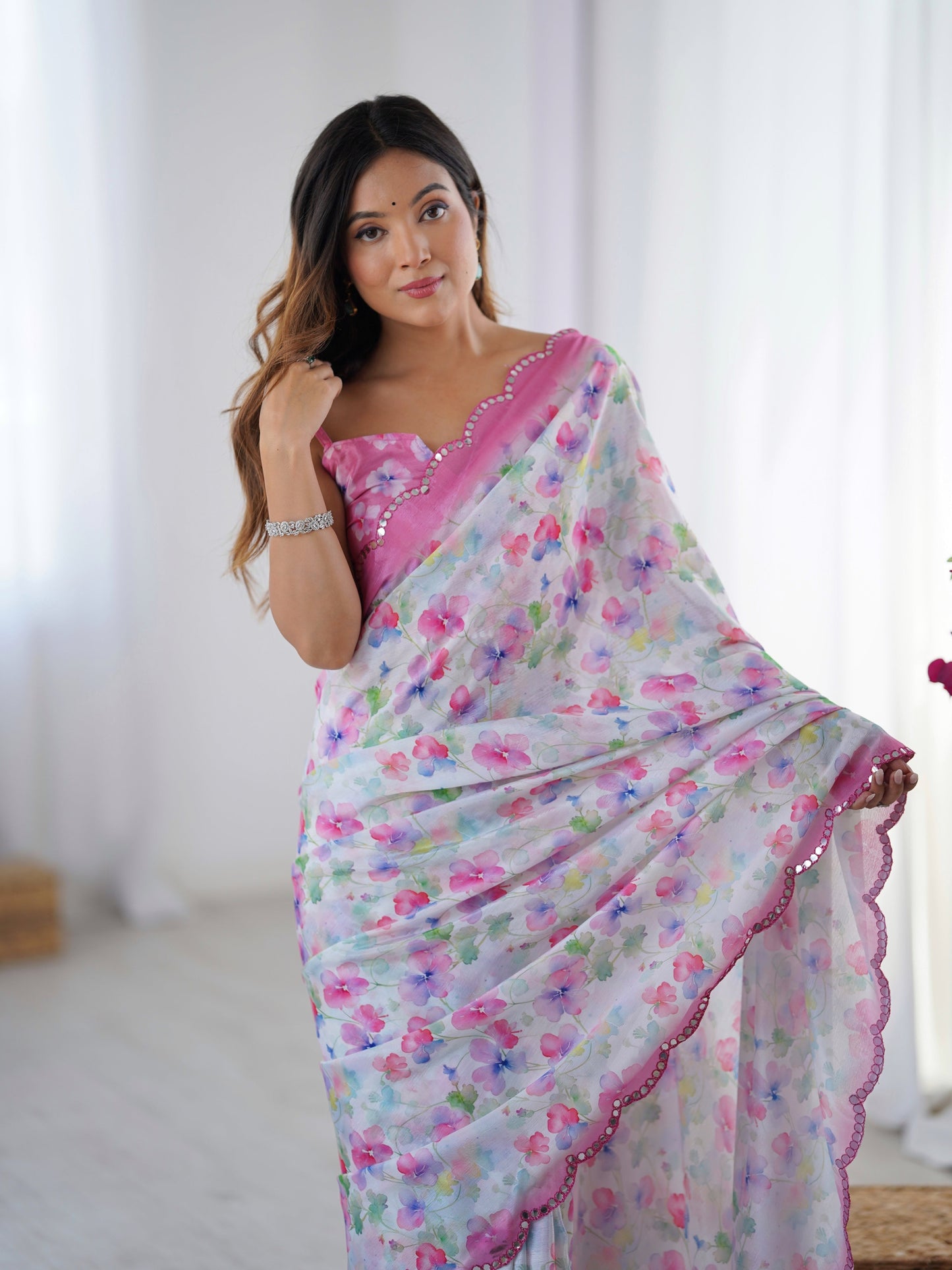 Jyoti Fashion Women's Multicolor Chinon Digital Printed Designer Saree with Blouse - Swadesiicart