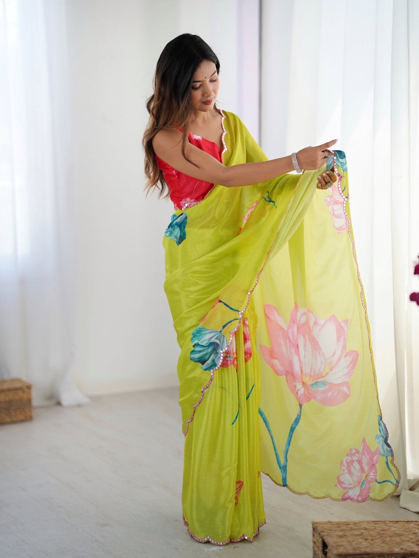 Jyoti Fashion Women's Parrot Green Chinon Digital Printed Designer Saree with Blouse - Swadesiicart