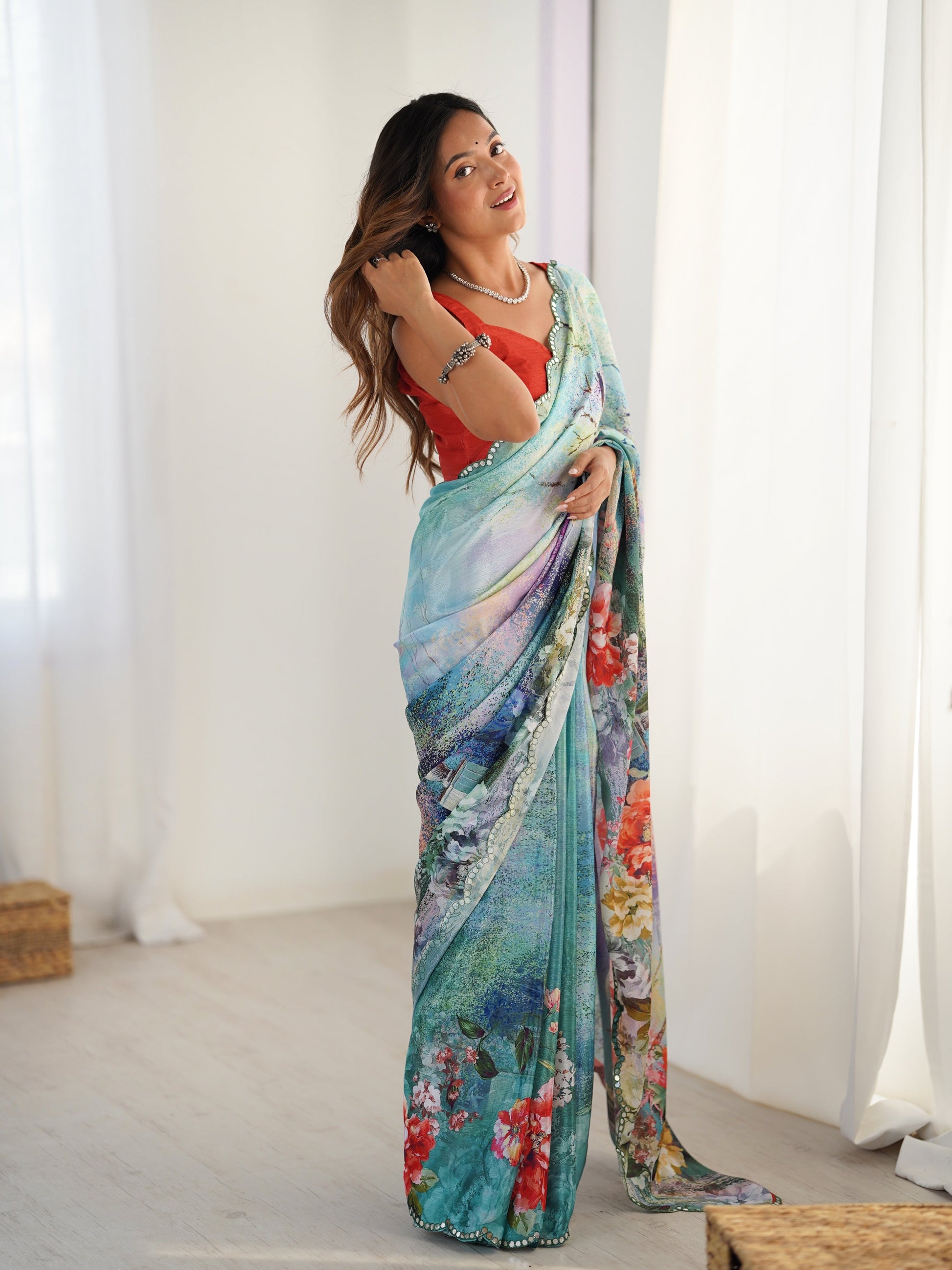 Jyoti Fashion Women's Multicolor Chinon Digital Printed Designer Saree with Blouse - Swadesiicart