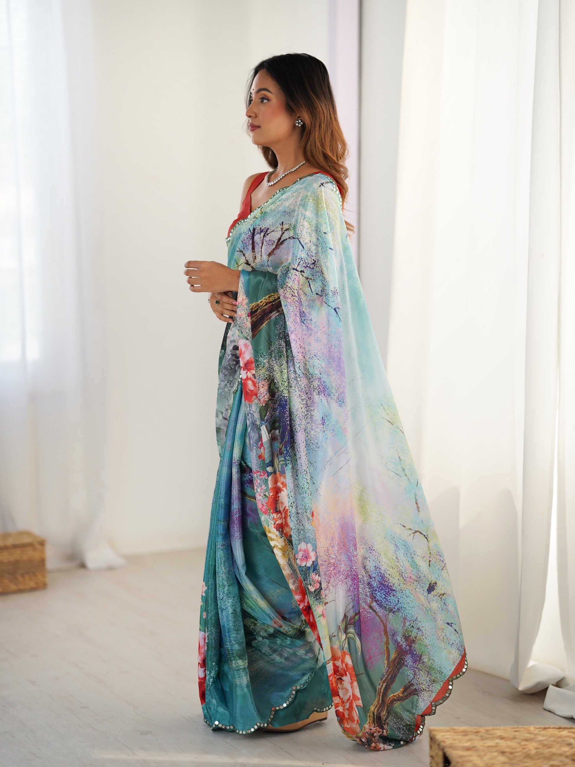 Jyoti Fashion Women's Multicolor Chinon Digital Printed Designer Saree with Blouse - Swadesiicart