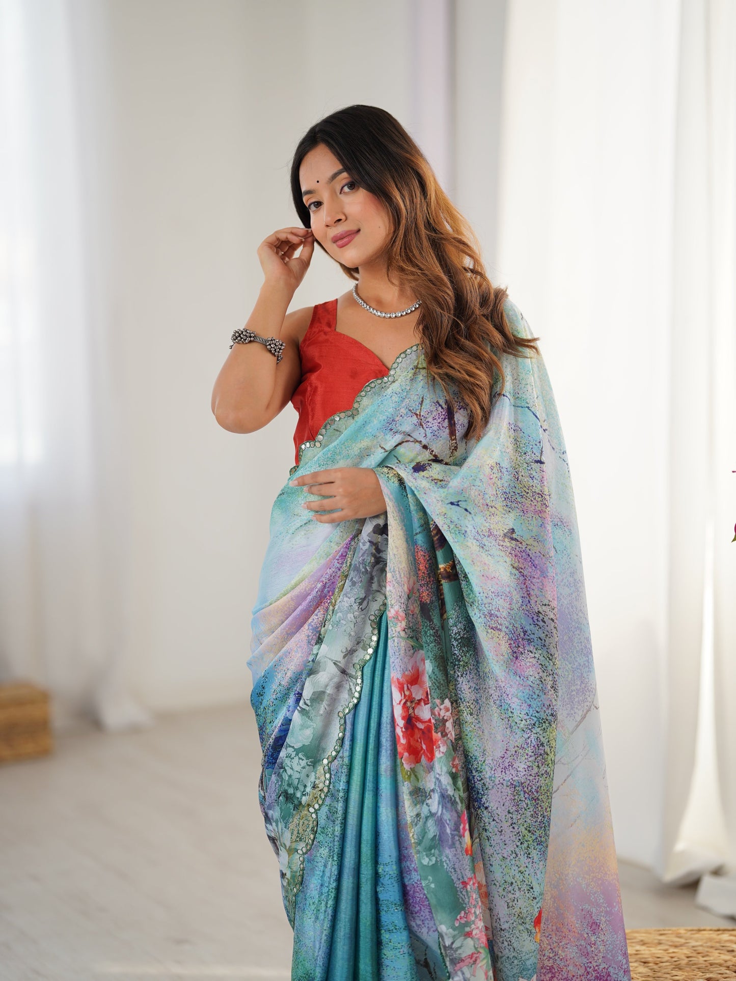 Jyoti Fashion Women's Multicolor Chinon Digital Printed Designer Saree with Blouse - Swadesiicart