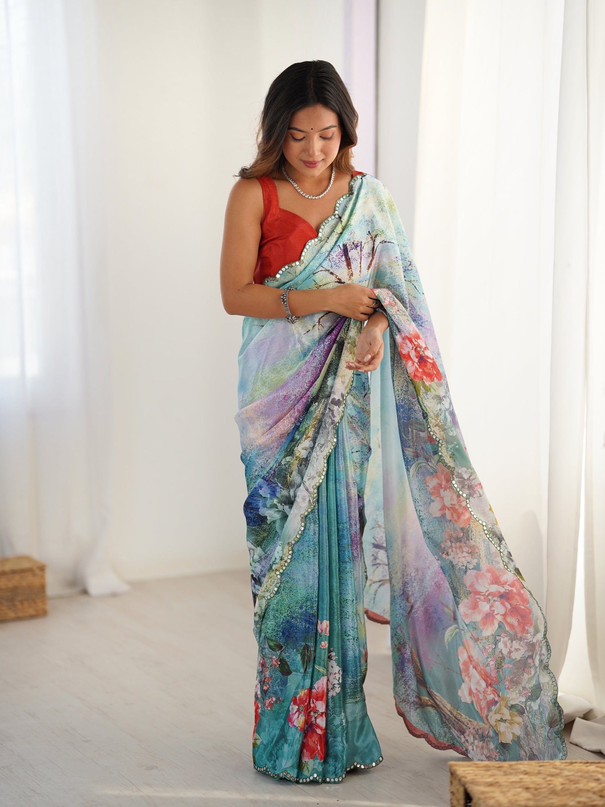 Jyoti Fashion Women's Multicolor Chinon Digital Printed Designer Saree with Blouse - Swadesiicart