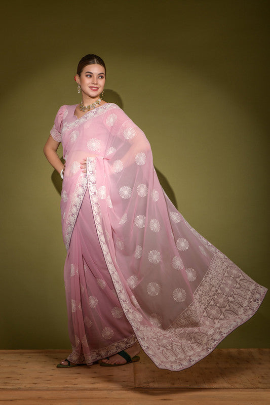 Jyoti Fashion Women's Purple Lakhnavi Thread work Georgette Saree with Blouse | Swadesiicart