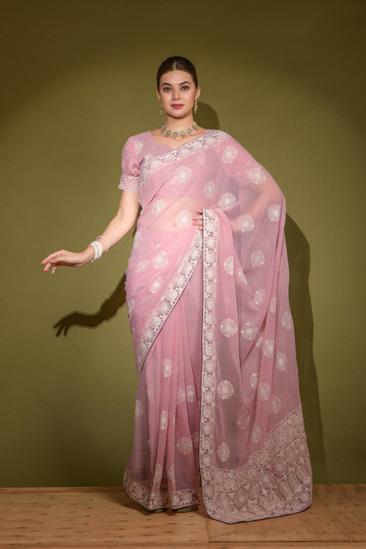 Jyoti Fashion Women's Purple Lakhnavi Thread work Georgette Saree with Blouse | Swadesiicart