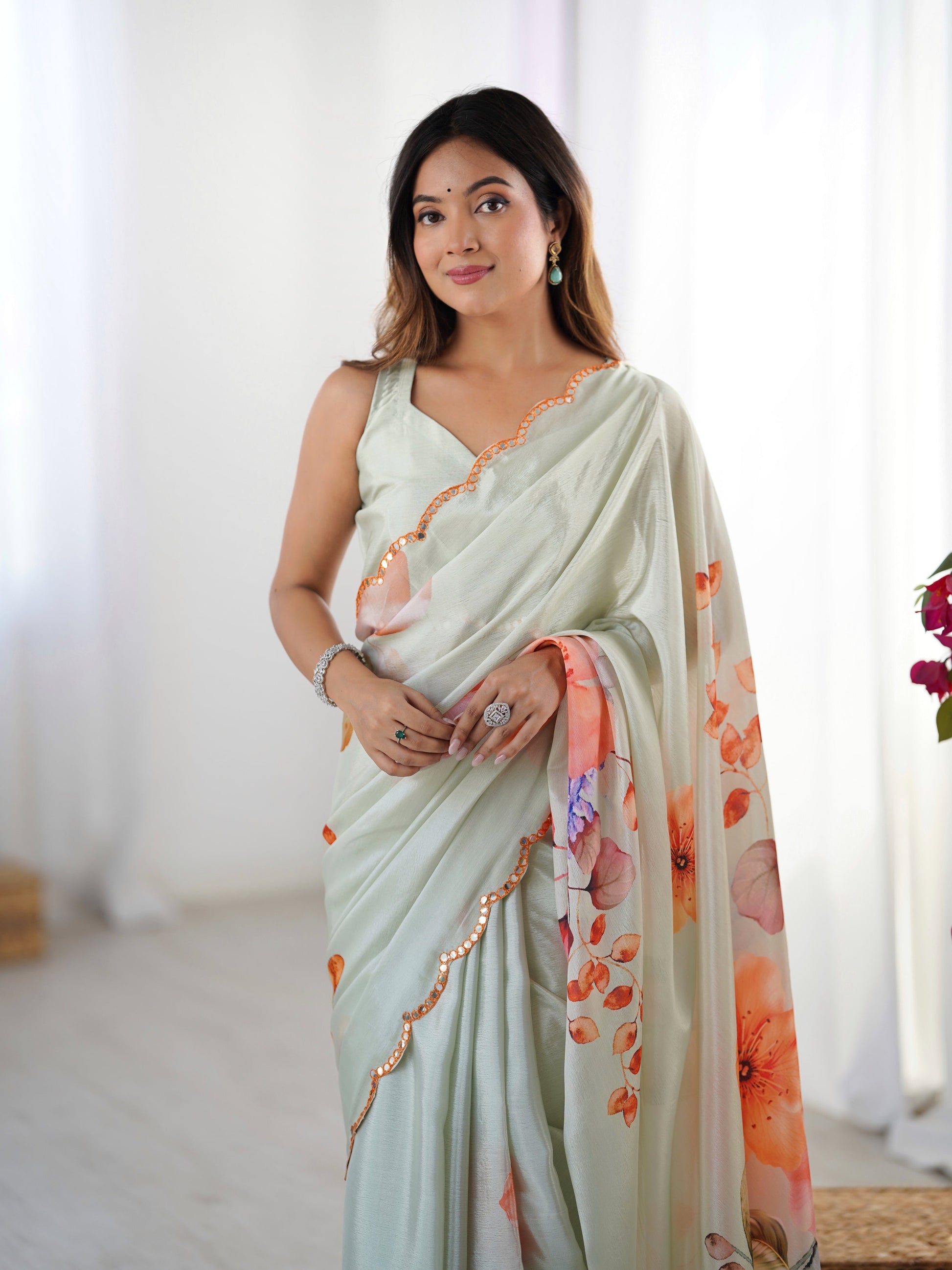 Jyoti Fashion Women's Pista Green Chinon Digital Printed Designer Saree with Blouse - Swadesiicart