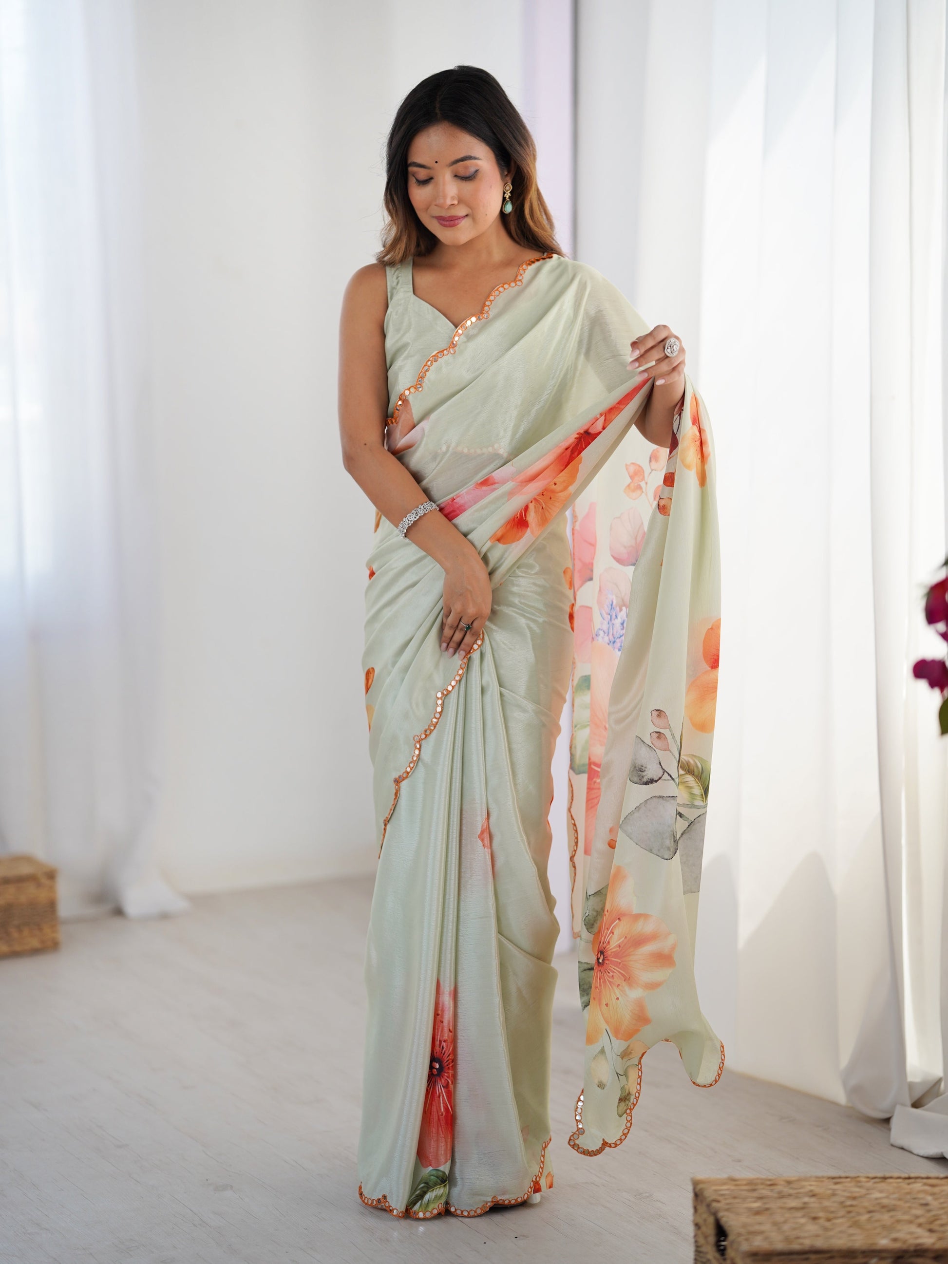 Jyoti Fashion Women's Pista Green Chinon Digital Printed Designer Saree with Blouse - Swadesiicart