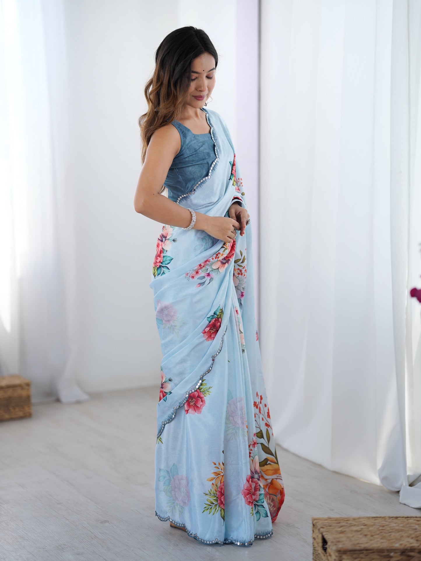 Jyoti Fashion Women's Sky Blue Chinon Digital Printed Designer Saree with Blouse - Swadesiicart