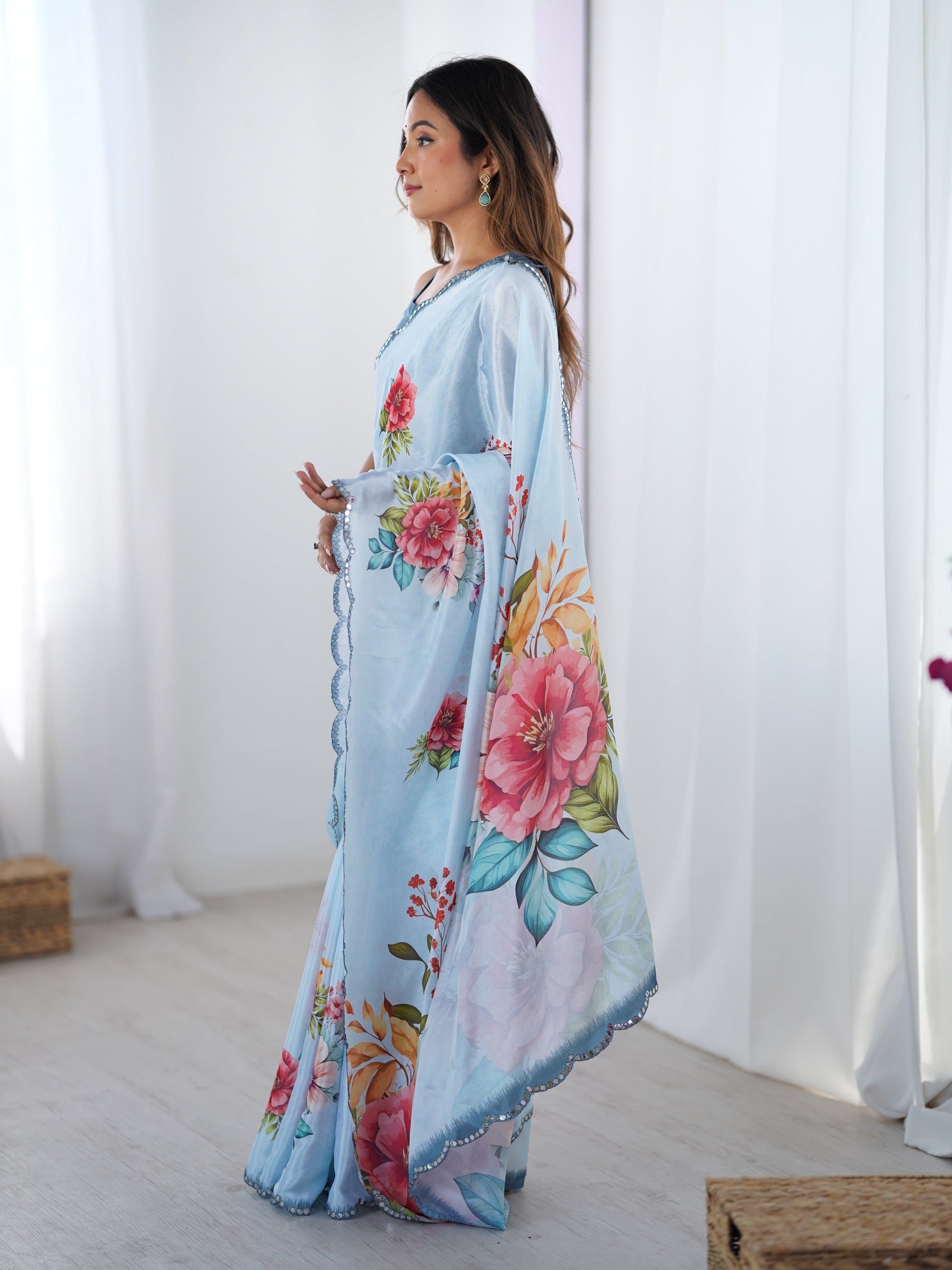 Jyoti Fashion Women's Sky Blue Chinon Digital Printed Designer Saree with Blouse - Swadesiicart