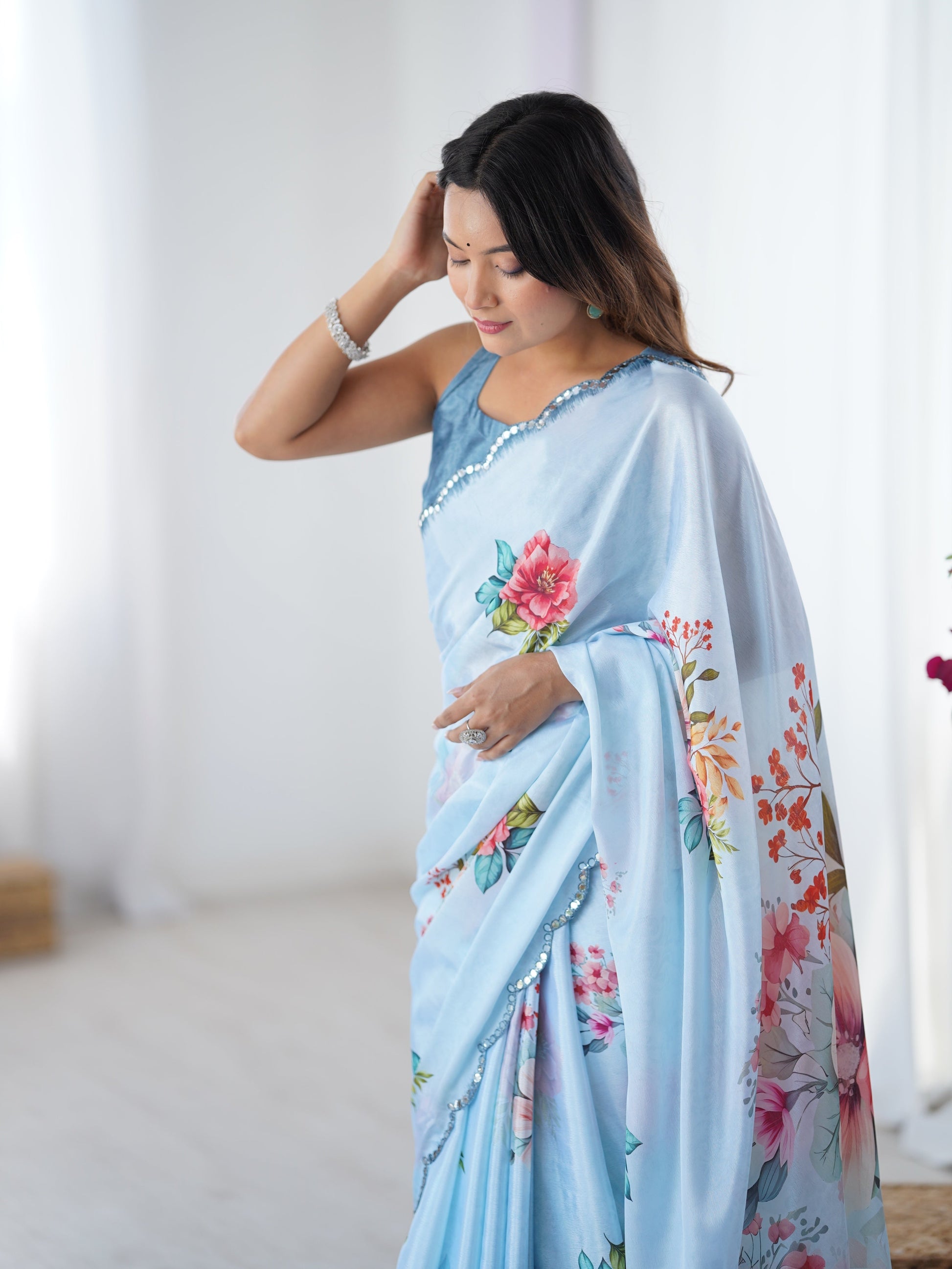 Jyoti Fashion Women's Sky Blue Chinon Digital Printed Designer Saree with Blouse - Swadesiicart