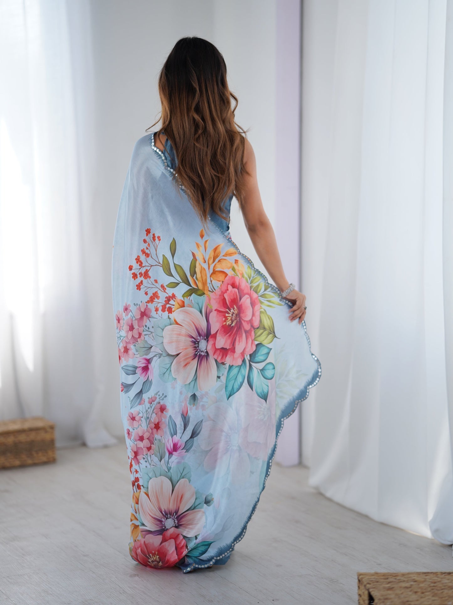 Jyoti Fashion Women's Sky Blue Chinon Digital Printed Designer Saree with Blouse - Swadesiicart