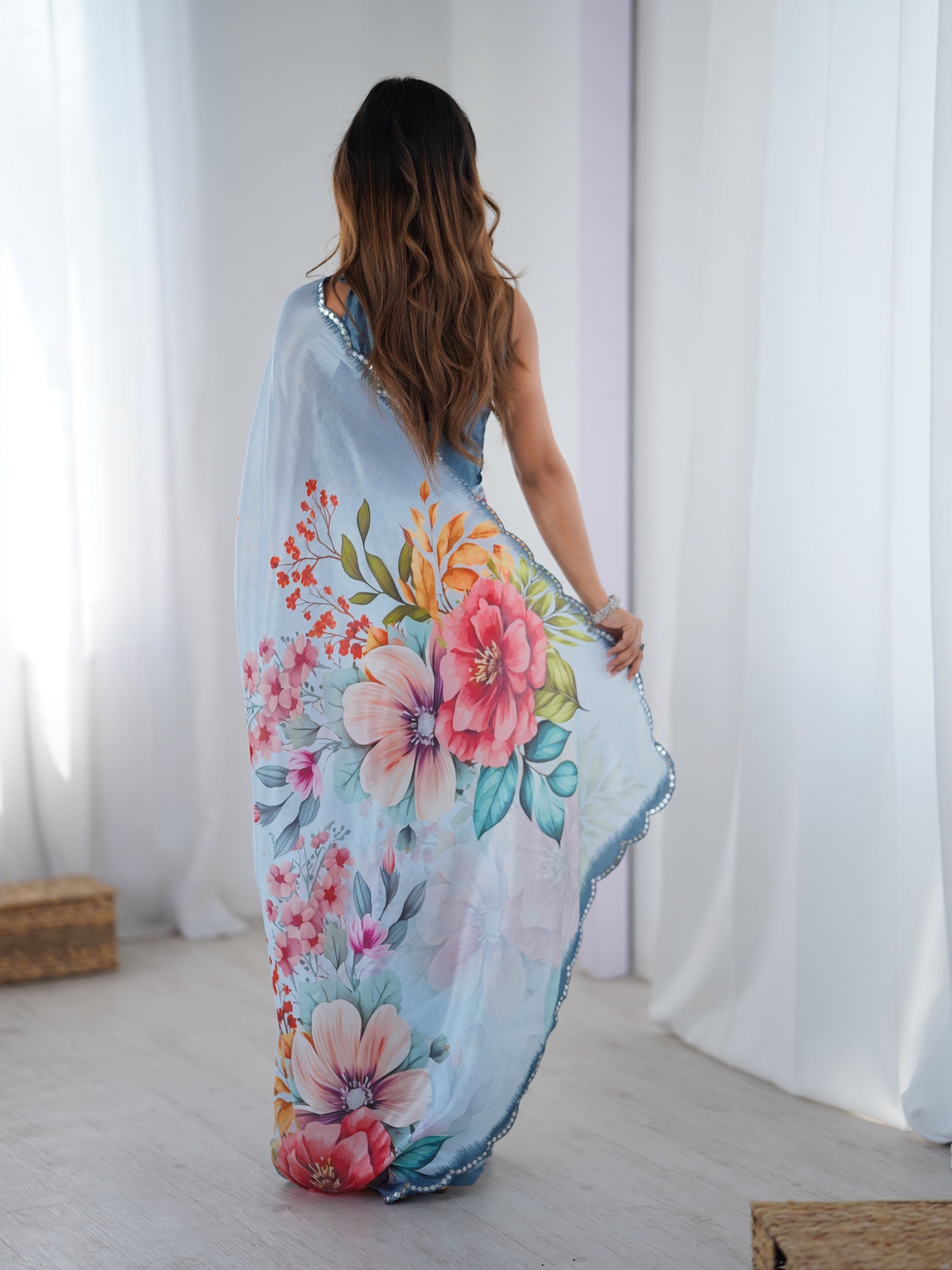 Jyoti Fashion Women's Sky Blue Chinon Digital Printed Designer Saree with Blouse - Swadesiicart